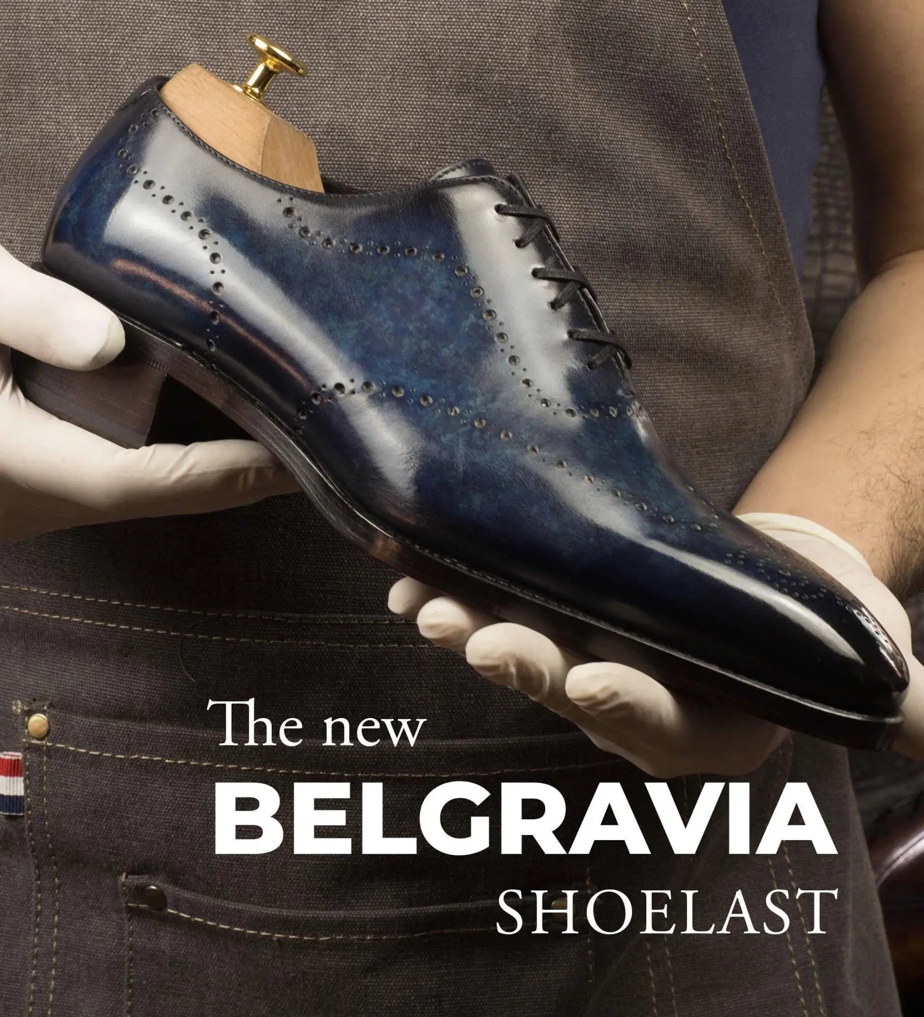 Blue leather dress shoe.