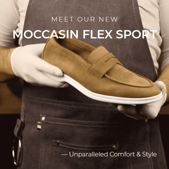 Brown leather moccasin flex sport shoe with tan sole and white stitching.