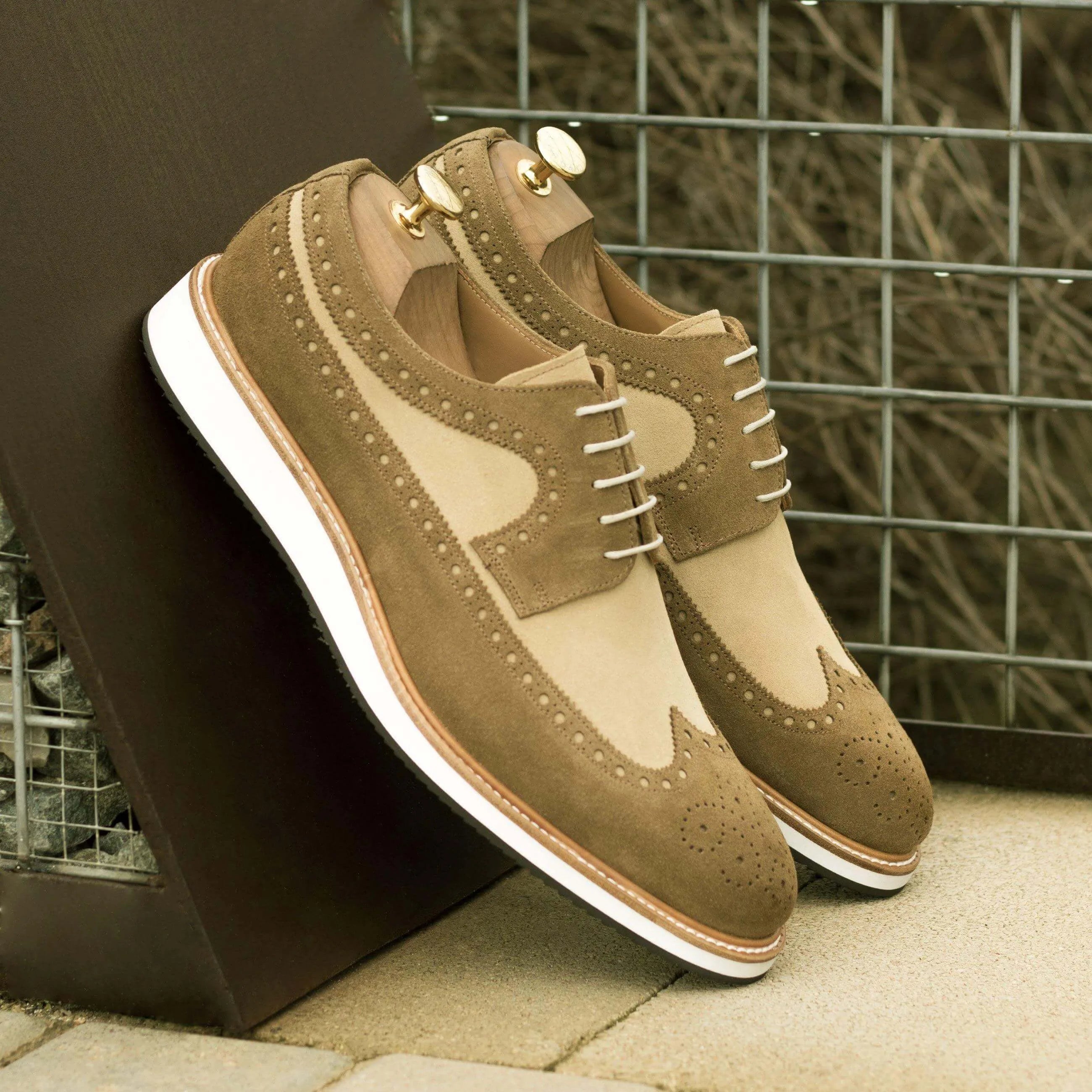 Two-tone brown suede 5TI Longwing Blucher II wingtip shoes
