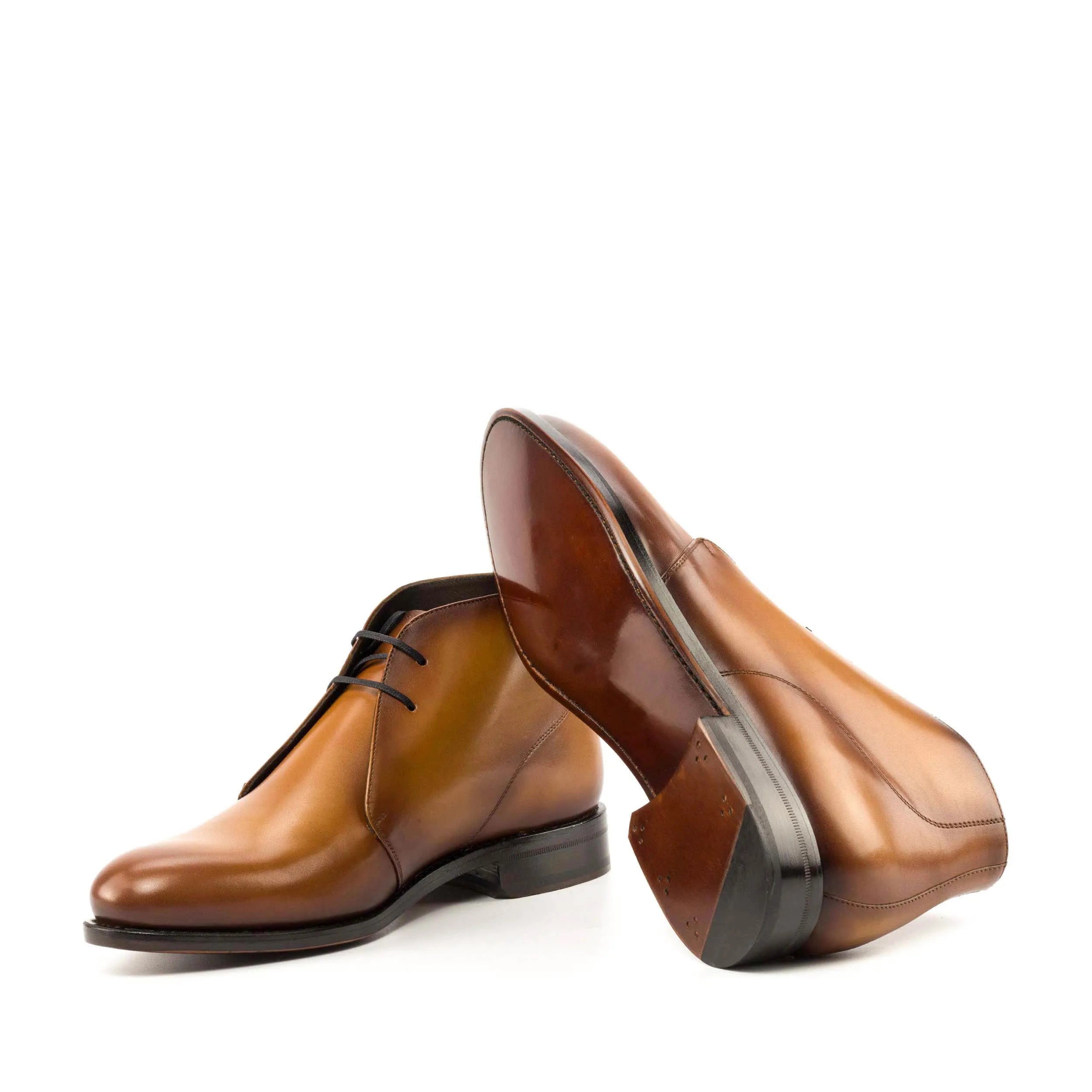 Brown leather 6011 chukka boots, luxury hand-painted patina shoes for men