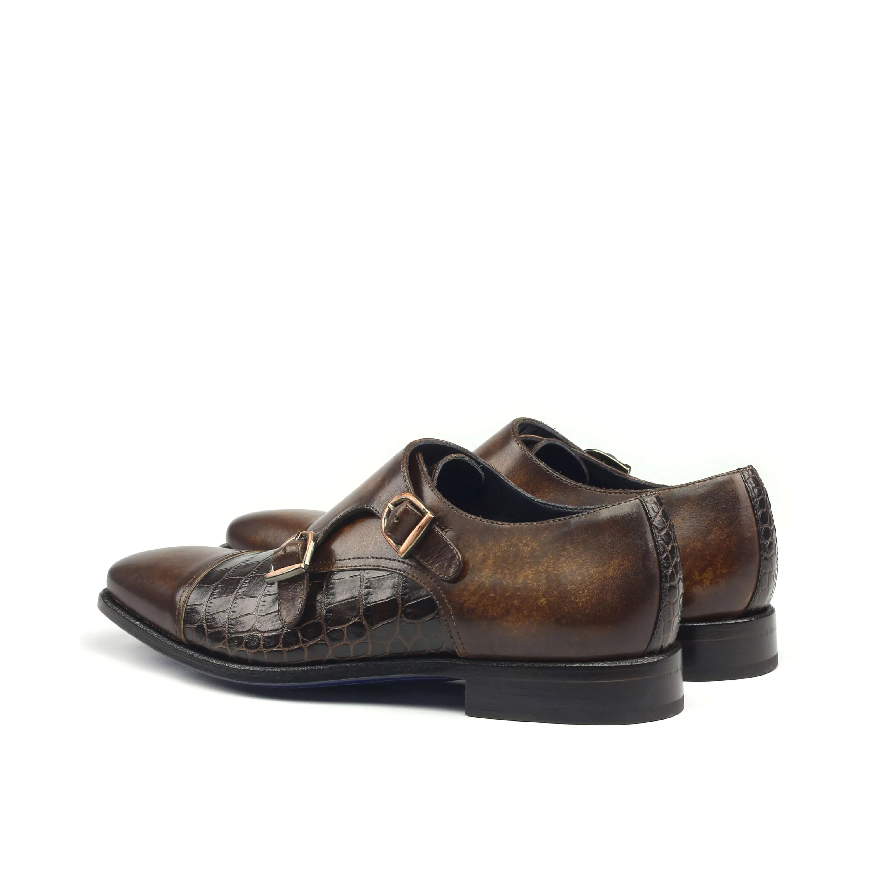 Abraham double monk patina shoes in brown leather