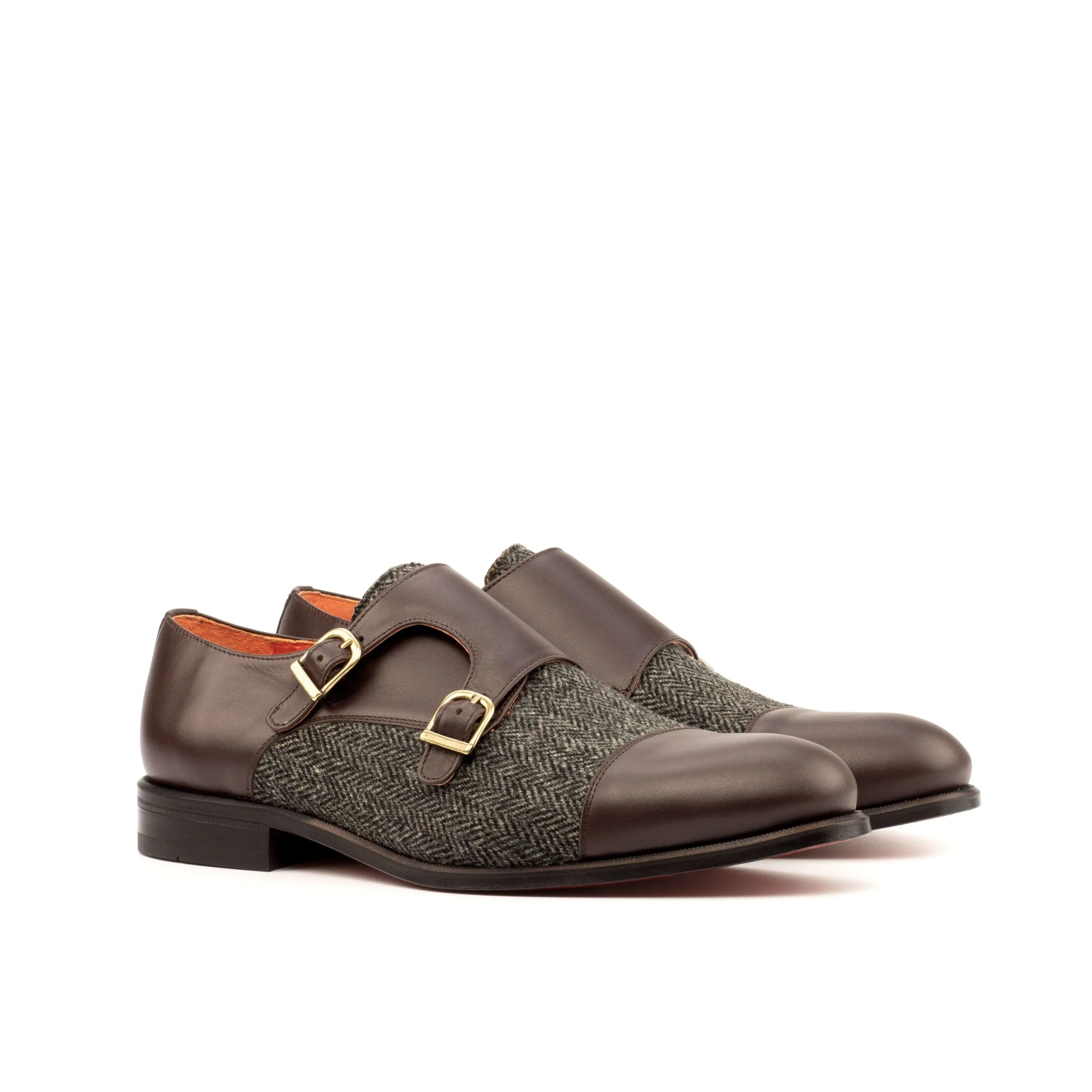 Achak double monk brown leather tweed shoes