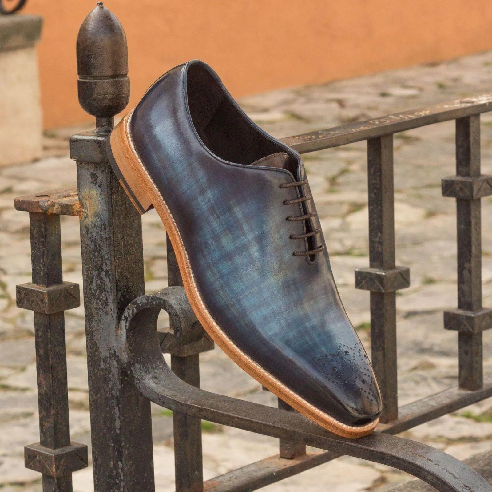 Afif Wholecut Patina II blue leather dress shoe
