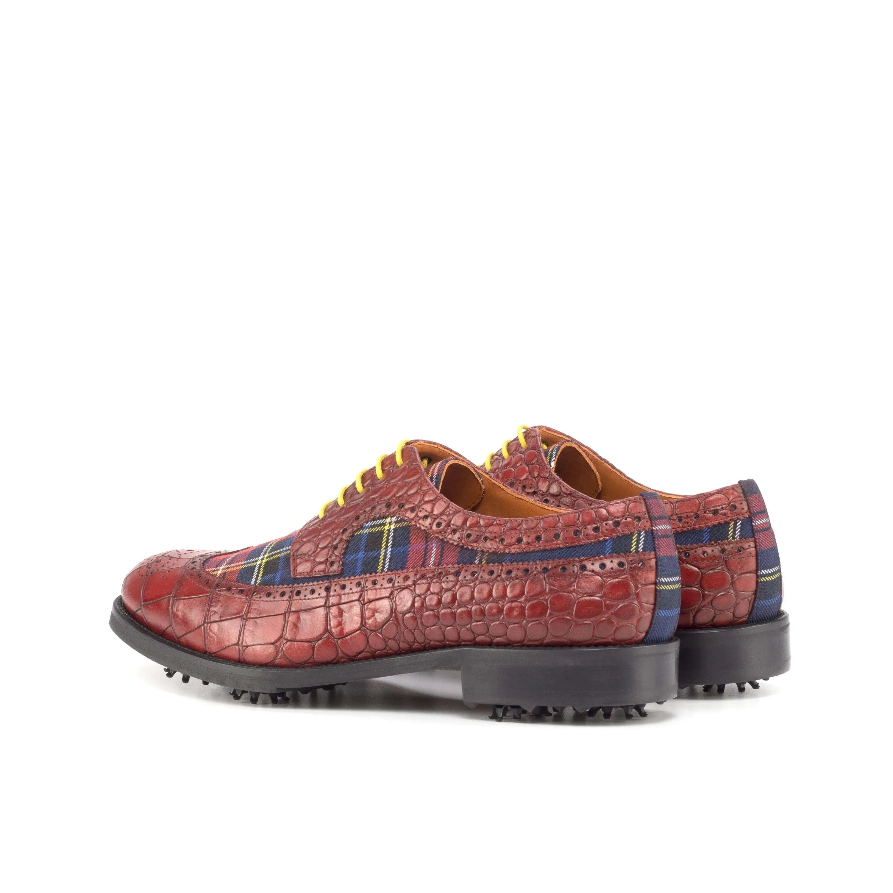 Aldorado longwing blucher golf shoes in burgundy plaid saddle design