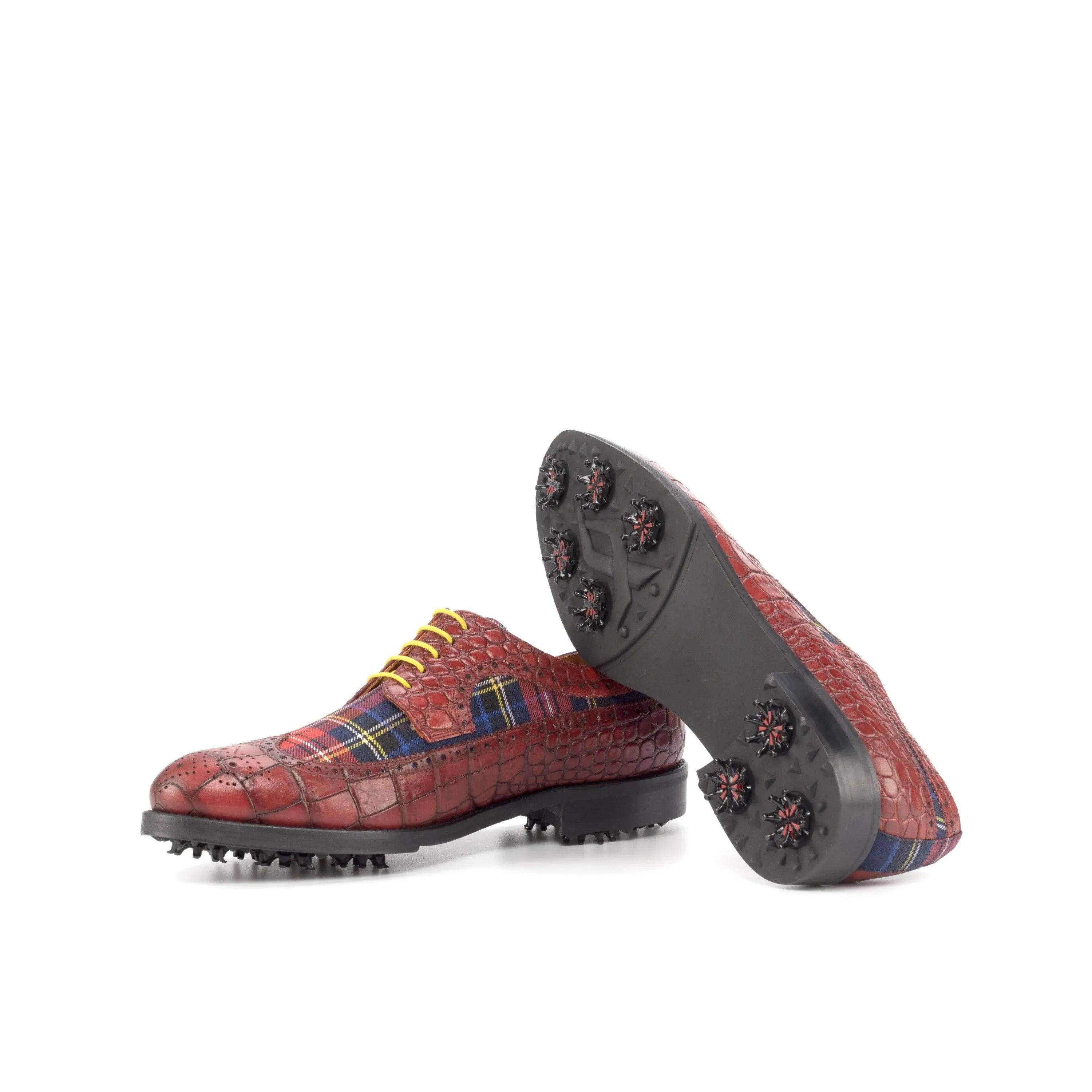 Red plaid Aldorado longwing blucher golf shoes back view