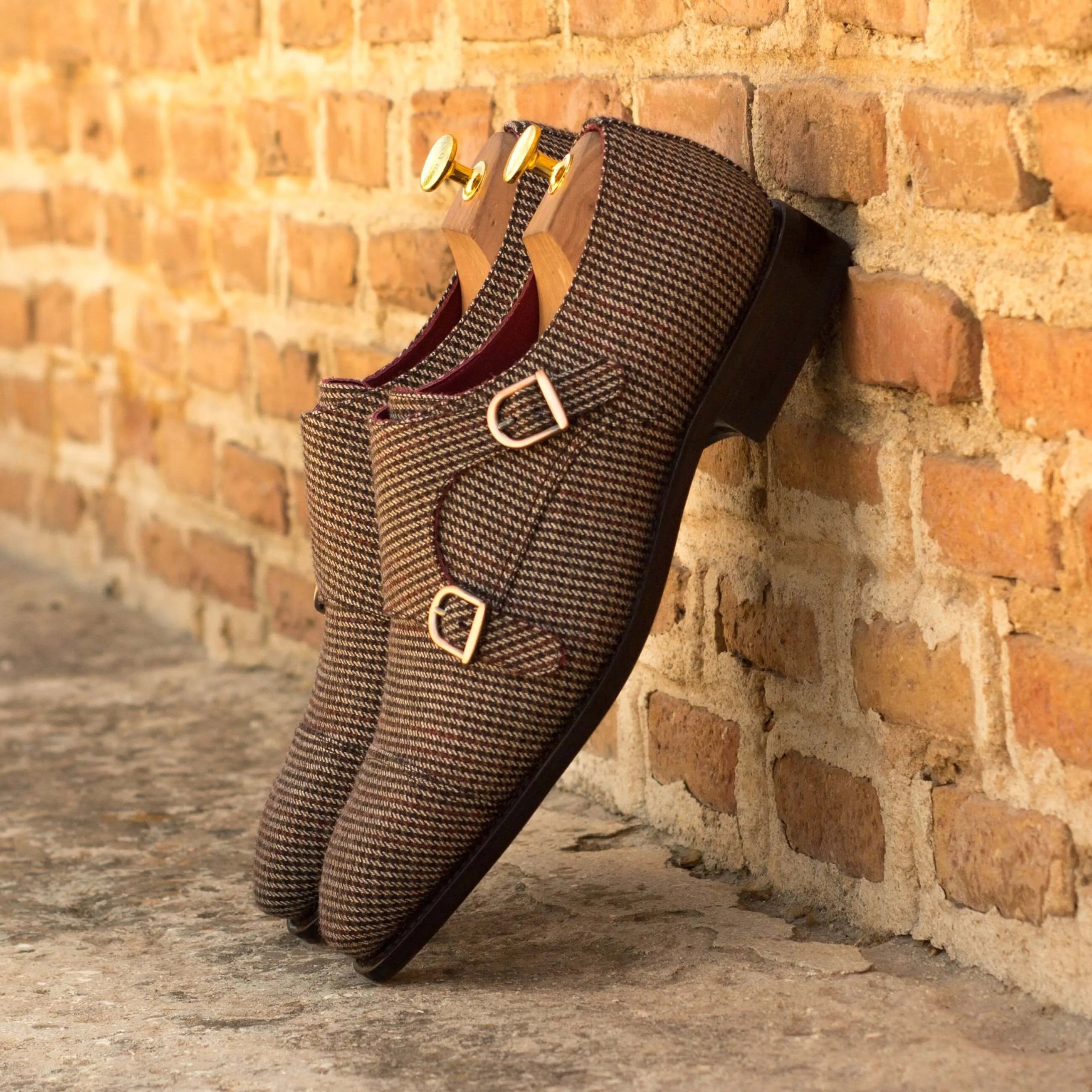 Brown tweed Ara Double Monk shoes, double monk strap detail