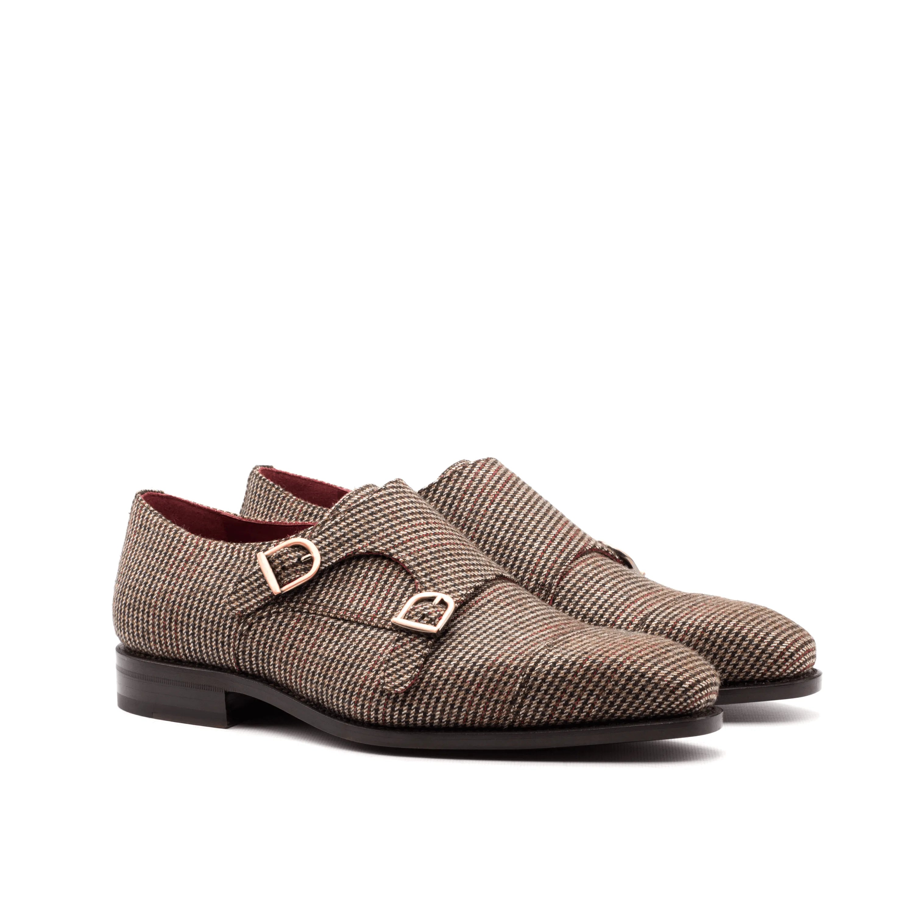 Brown tweed Ara Double Monk shoes, double monk strap detail
