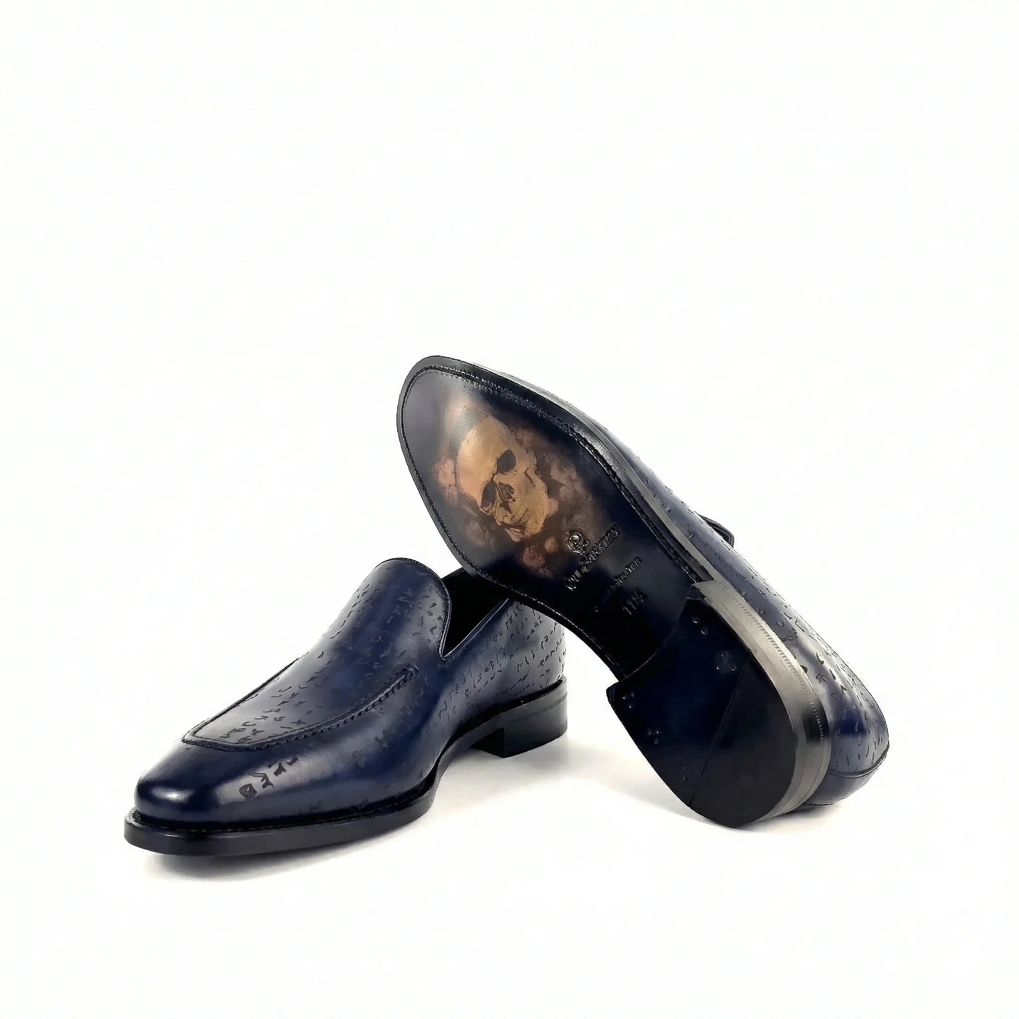 Arabic matrix luna loafers in dark blue Italian crust leather with skull insole