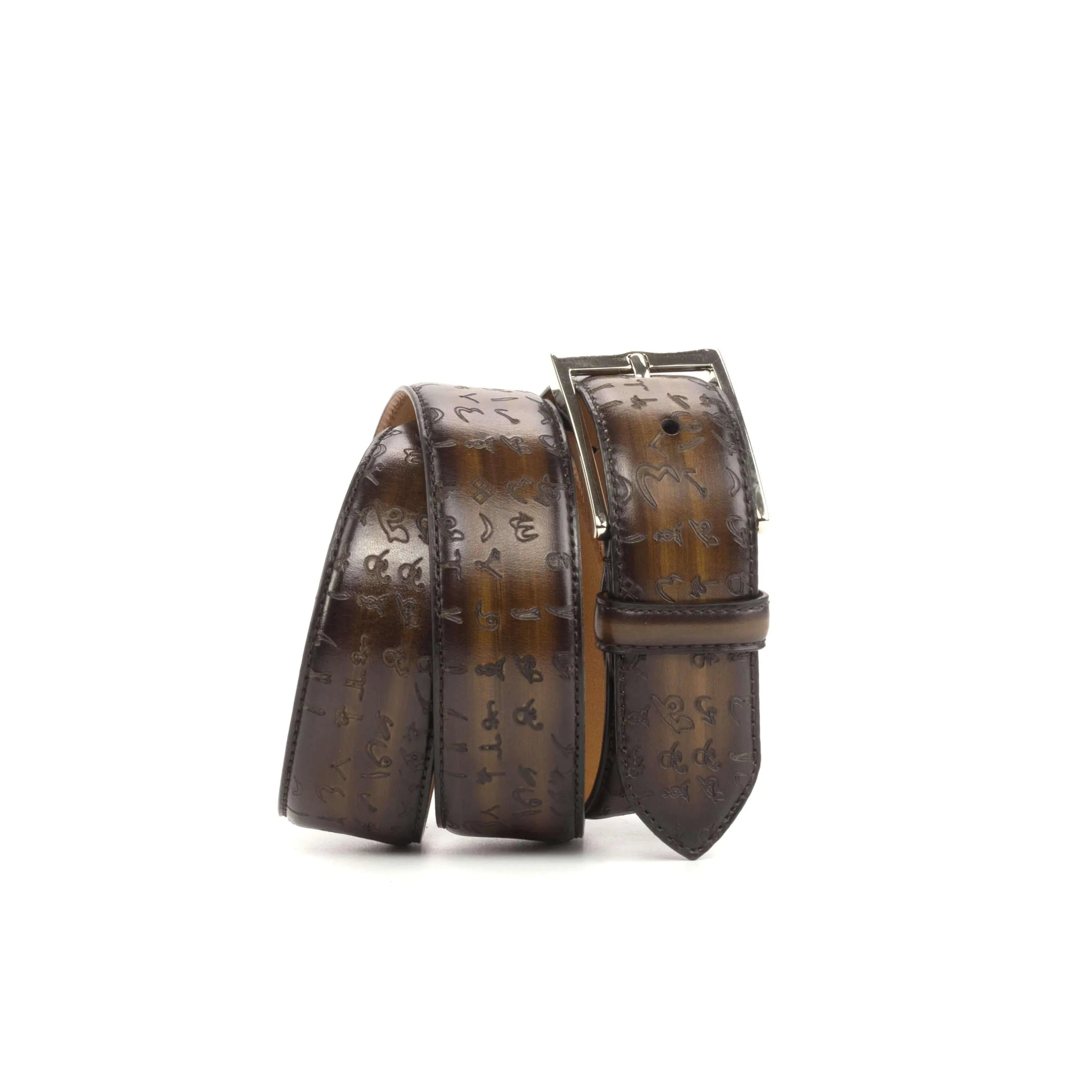 Brown leather Arabic matrix patina Hamptons belt II with silver buckle
