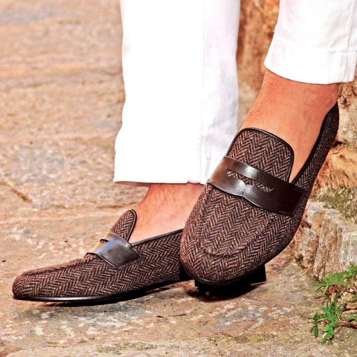 Herringbone tweed penny loafers on Asher Wellington Slipon II
