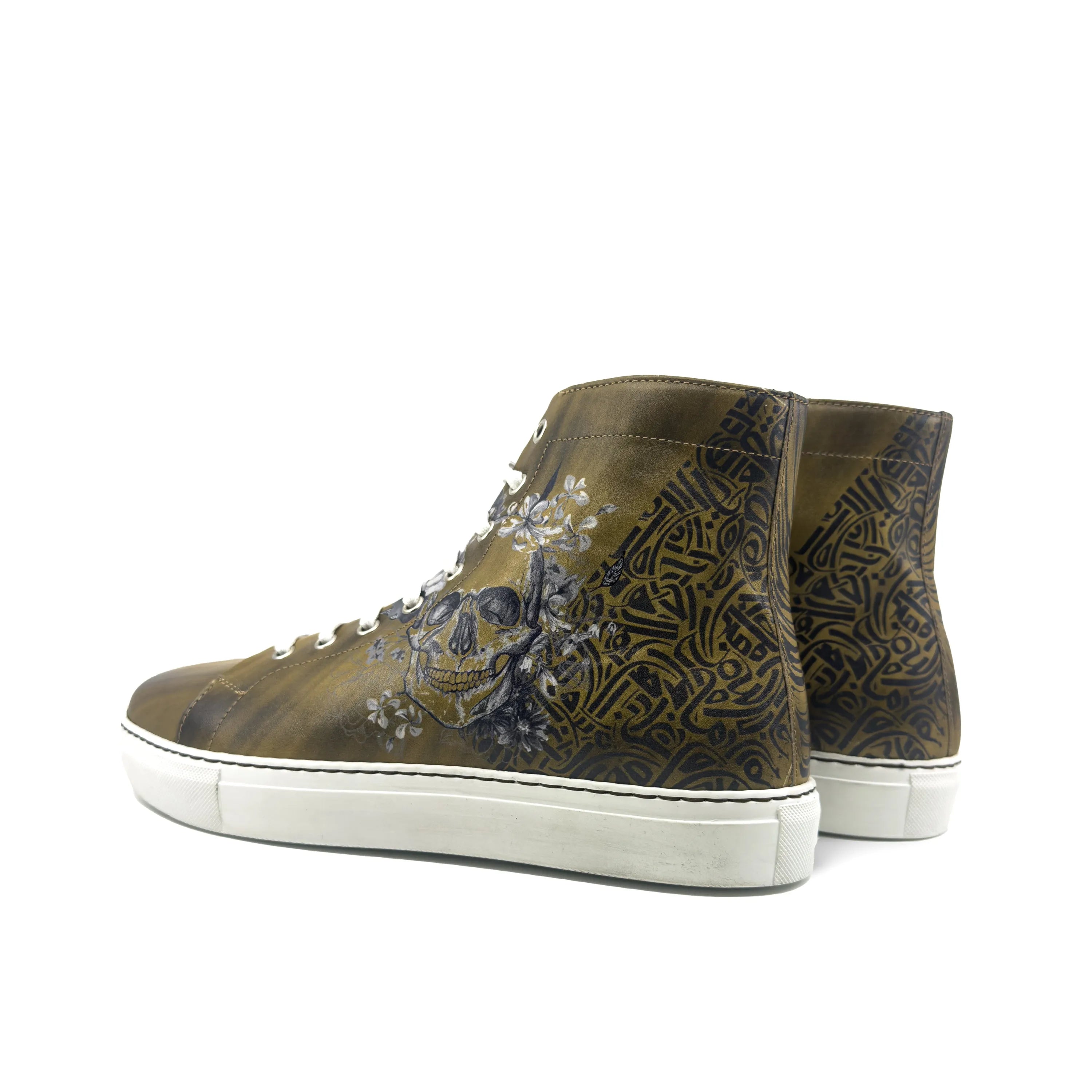 Olive green Awake Americana High Top Sneakers II with skull floral design