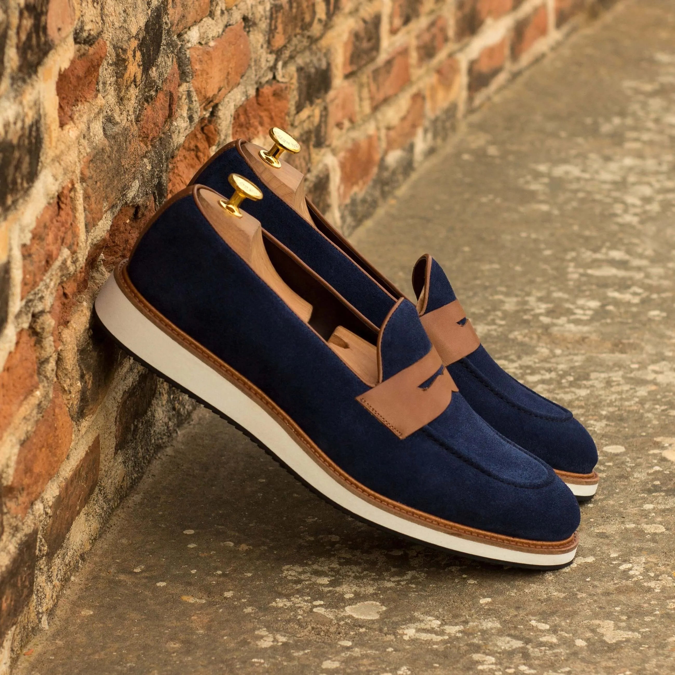 AZ05 loafers: blue suede penny loafers, luxury bespoke shoes for men