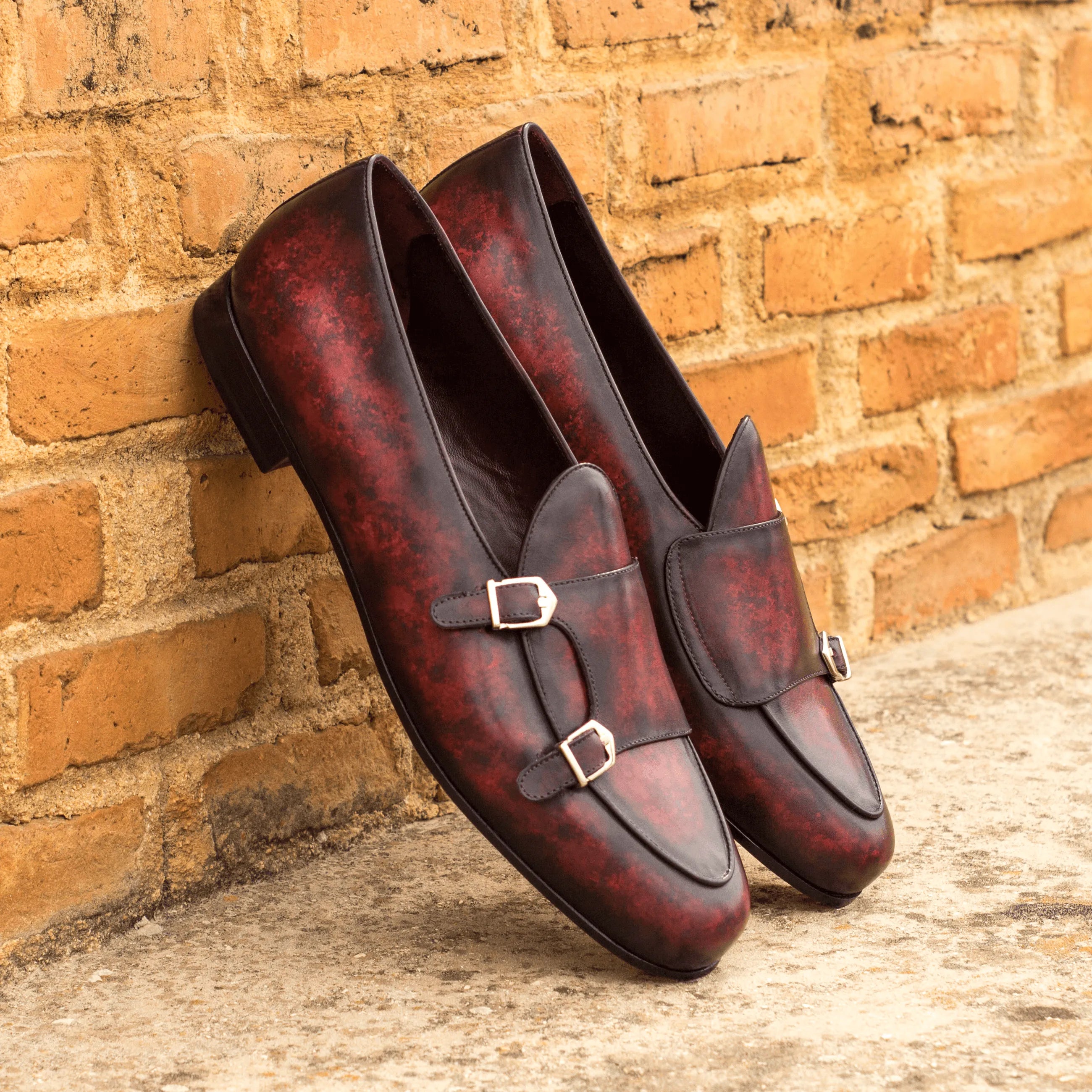 Baha Belgian patina monk slipper in burgundy leather back view