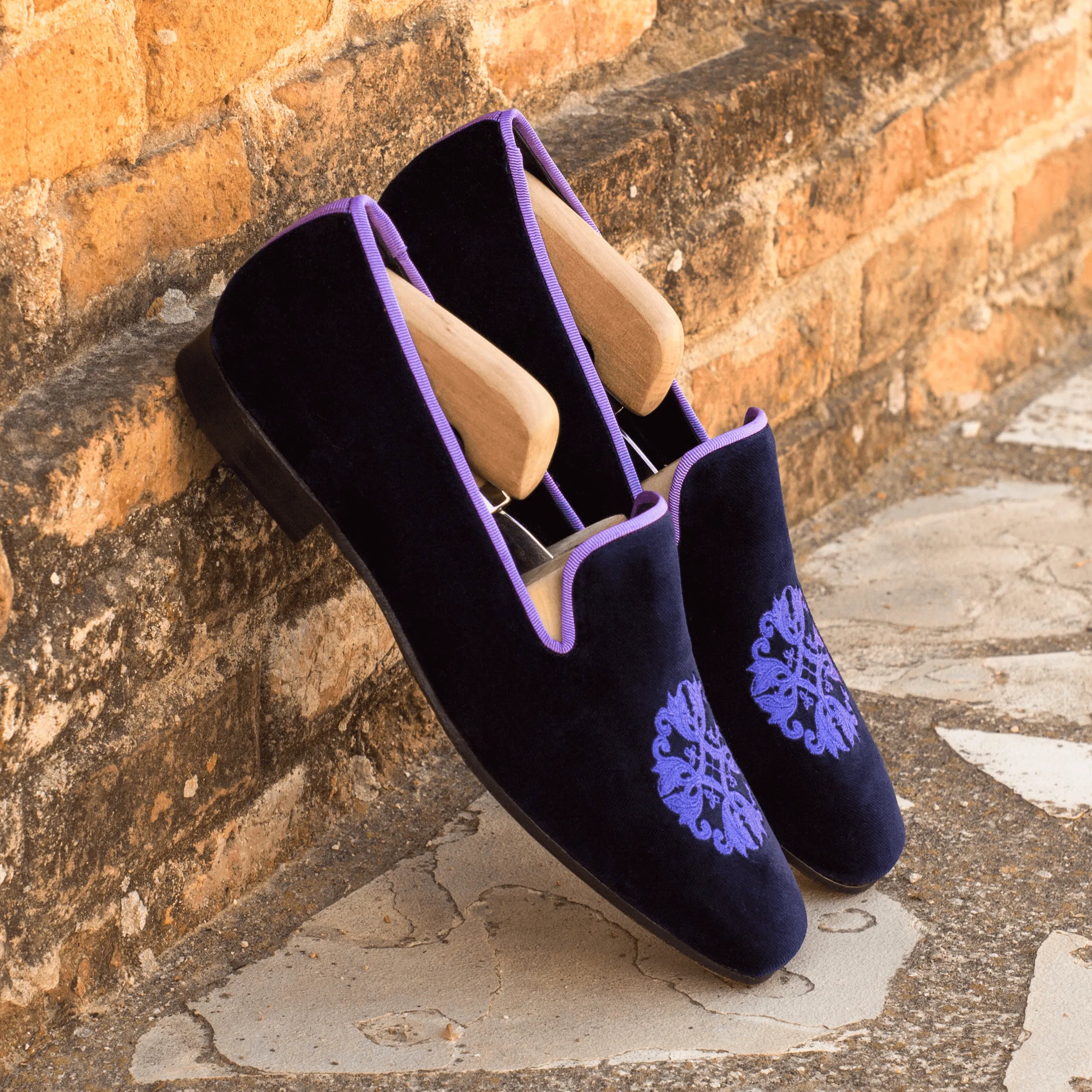 Bali Drake slipon navy velvet slippers with purple trim