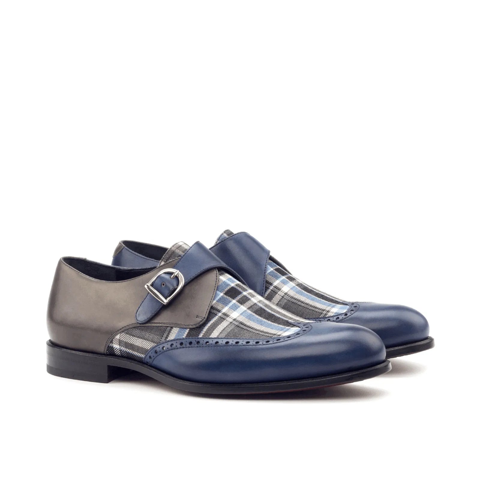 Benz Single Monk II two-toned plaid painted calf rounded toe monk strap shoes
