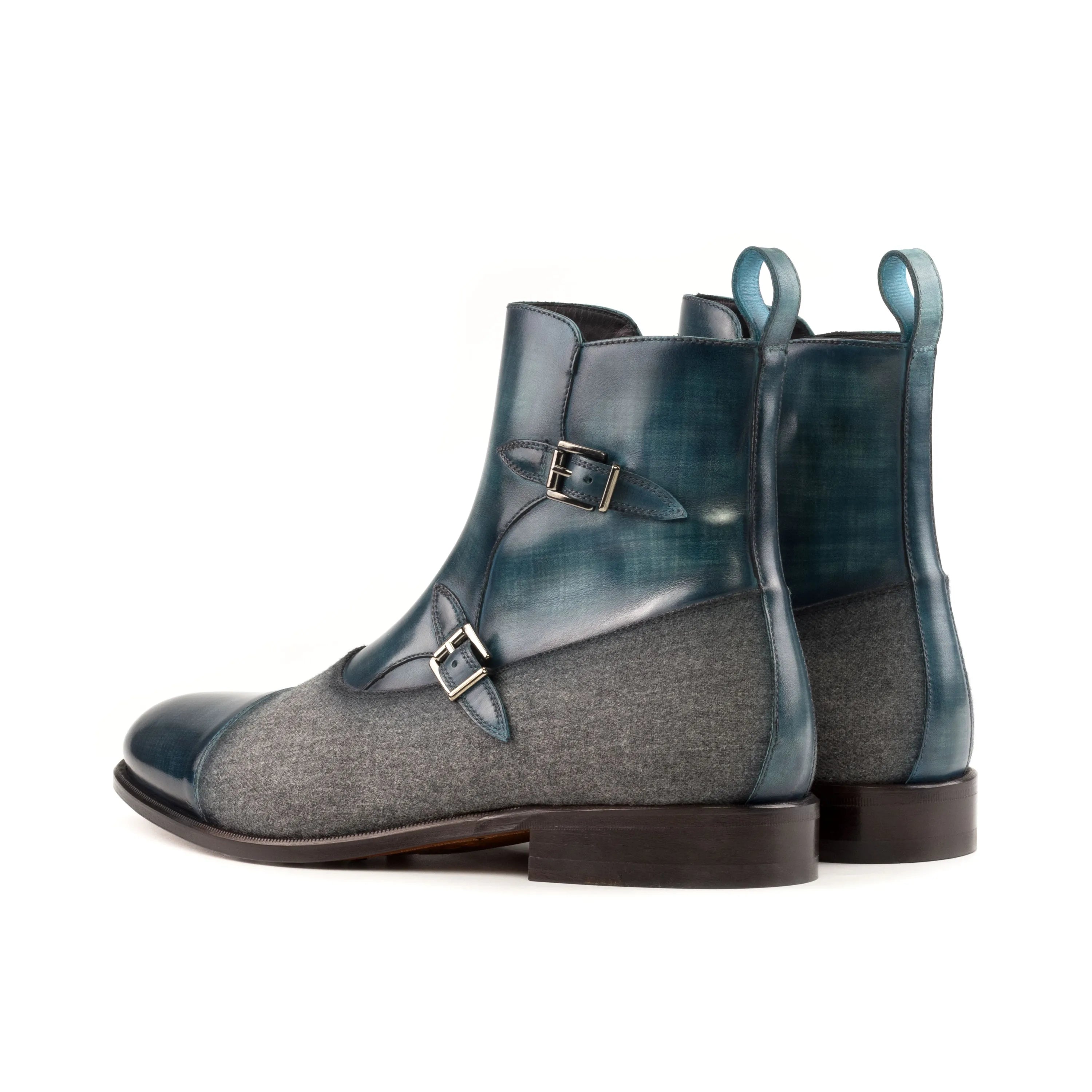 Biagio Octavian Patina Boots II in blue and gray leather with buckle