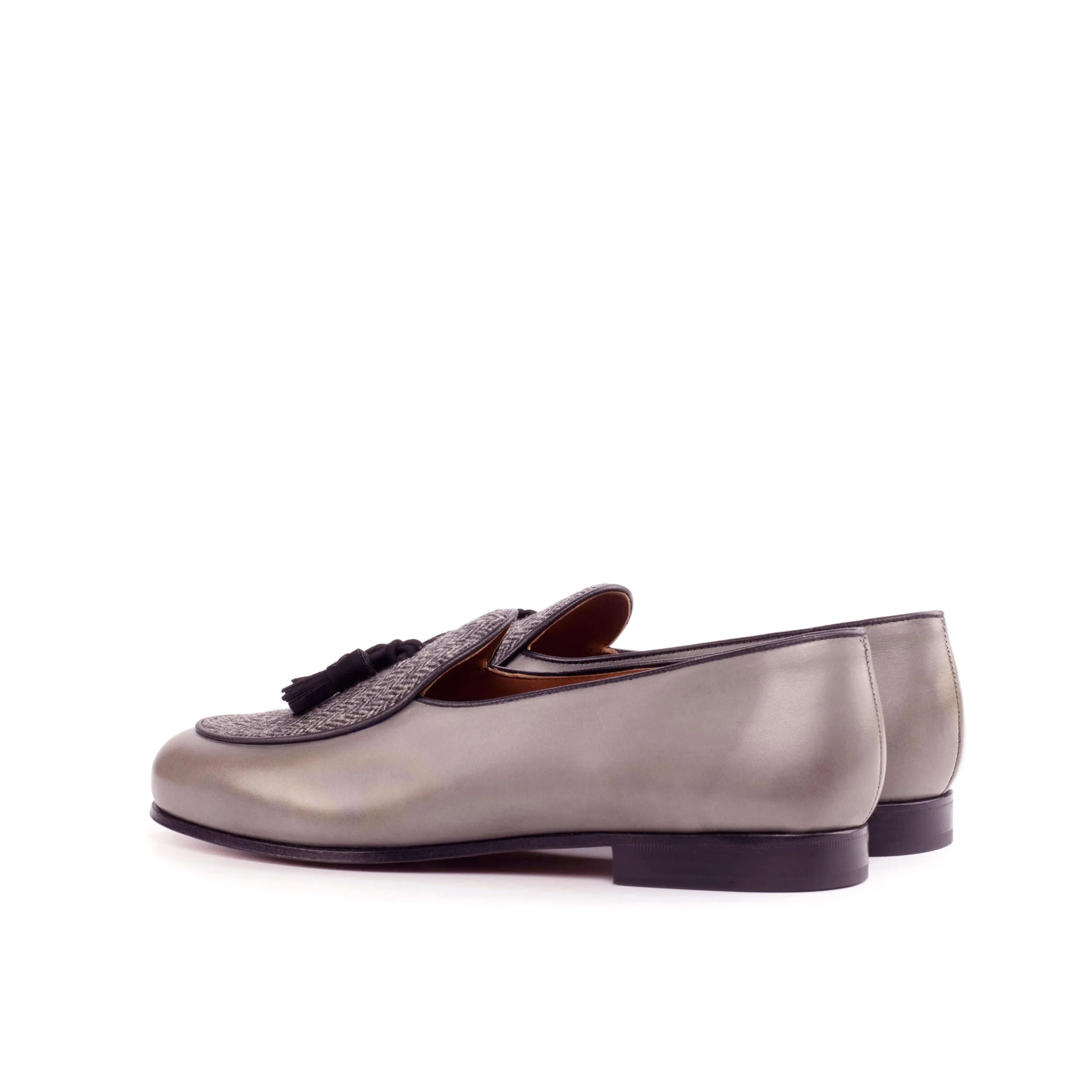 Gray painted calf Boni Belgian Slipper II tassel loafers back view