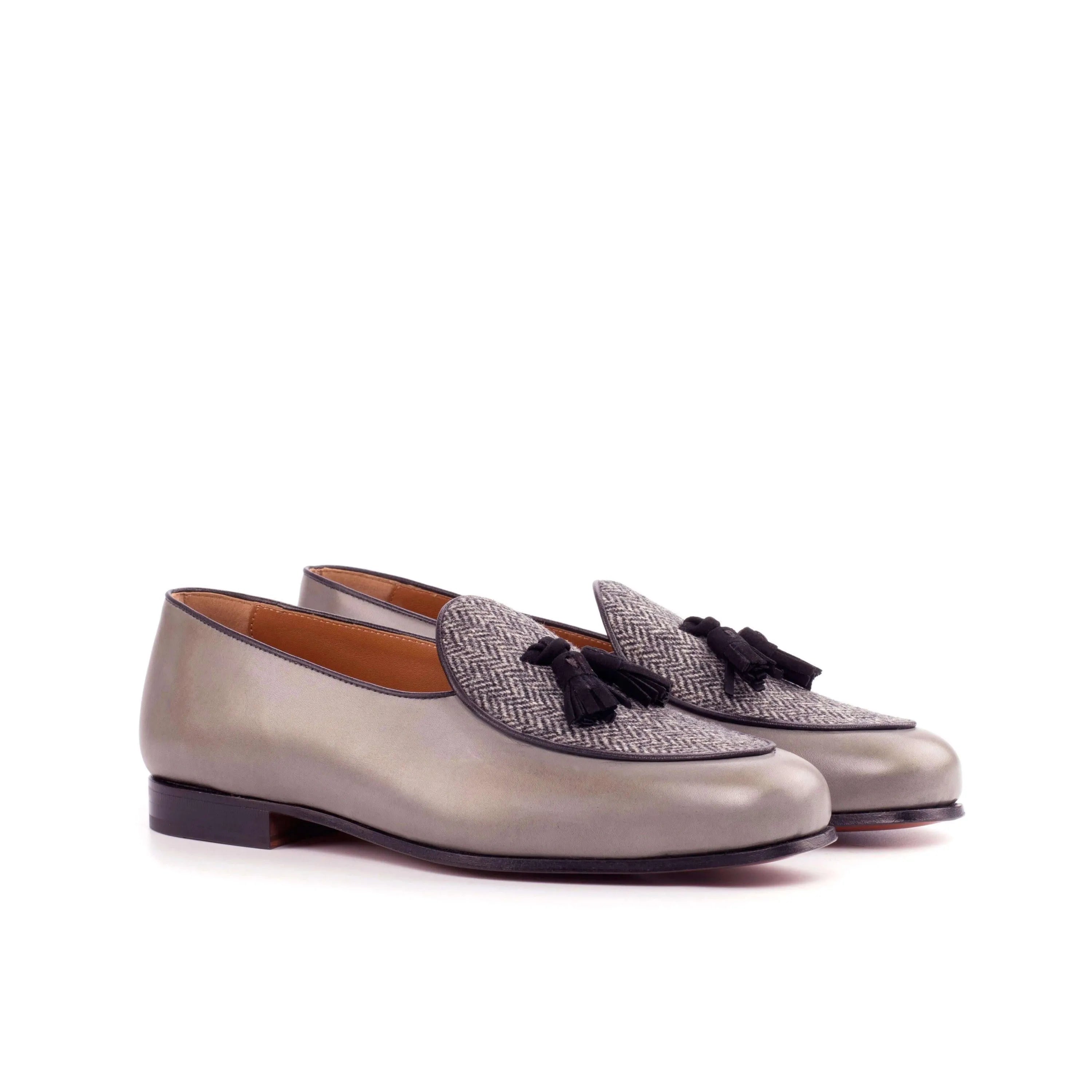 Back view of Boni Belgian Slipper II in gray painted calf leather with tassels