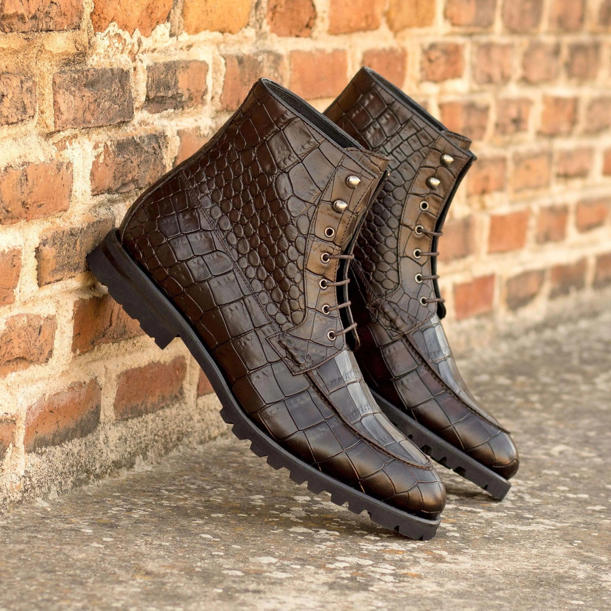 Pair of brown crocodile leather Bonny Moc Boot II, back view