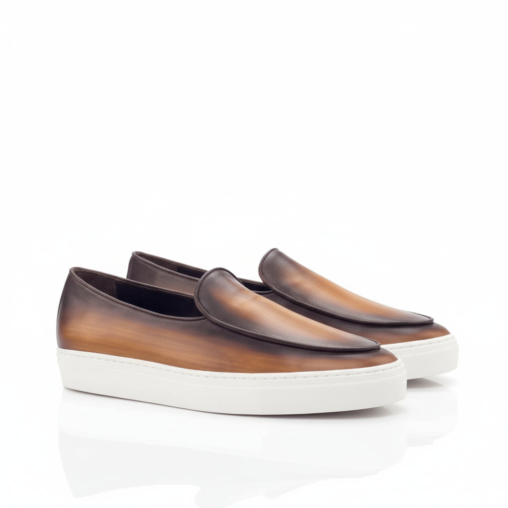 Boss Belgian patina sneaker brown leather slip-on back view
