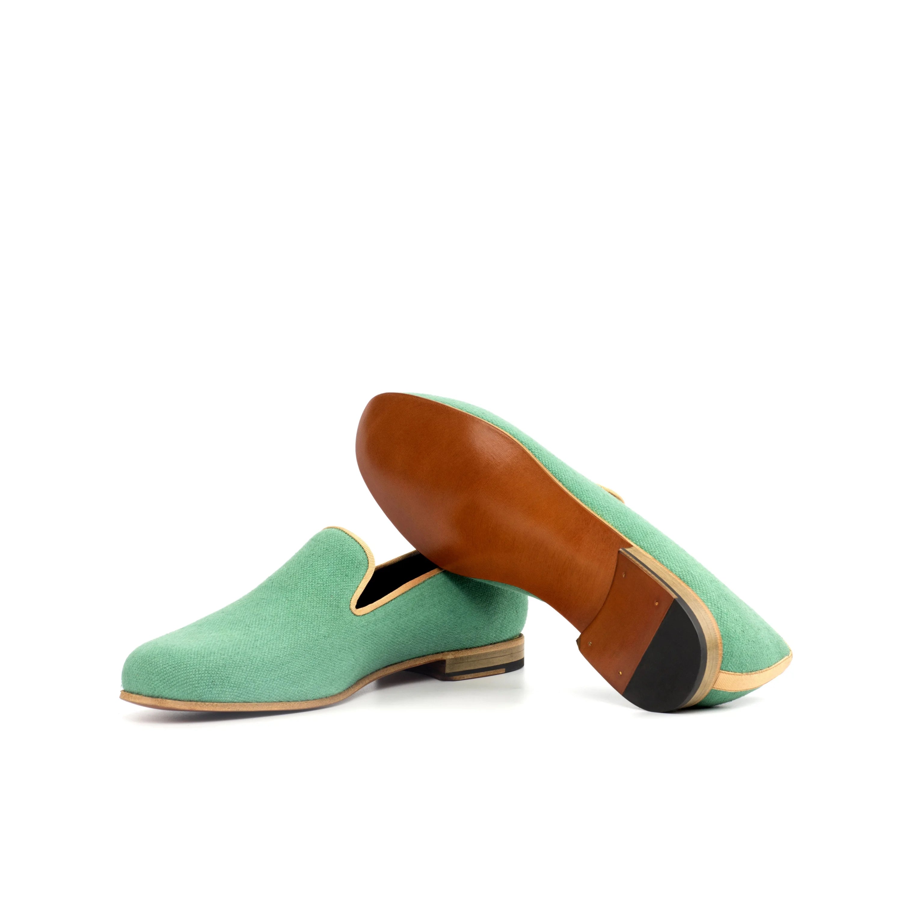 Botanical Wellington Slip on II mint green suede loafers with tan leather accents
