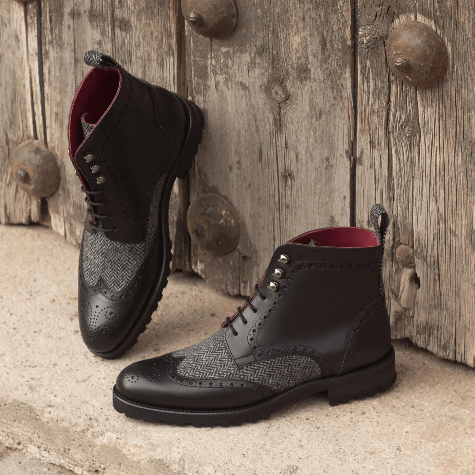 Camilla ladies military brogue boots in leather and tweed wingtip
