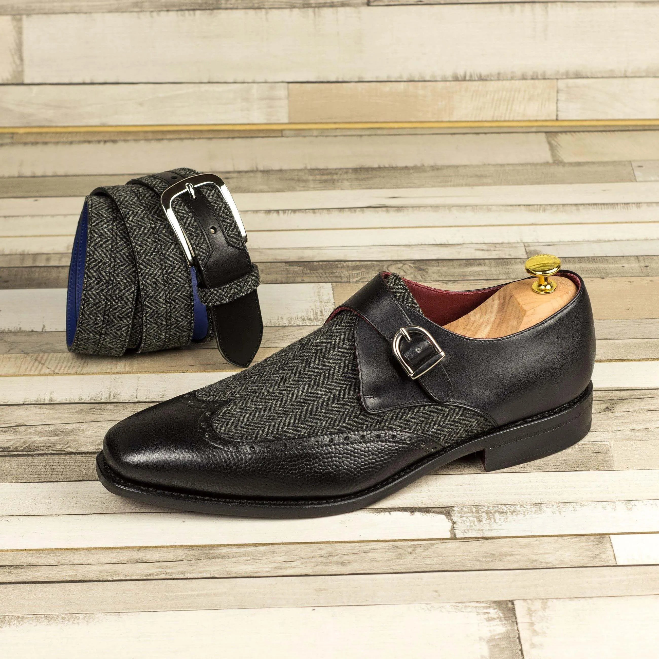 Caval Single Monk II mens black leather tweed single monk shoe and belt