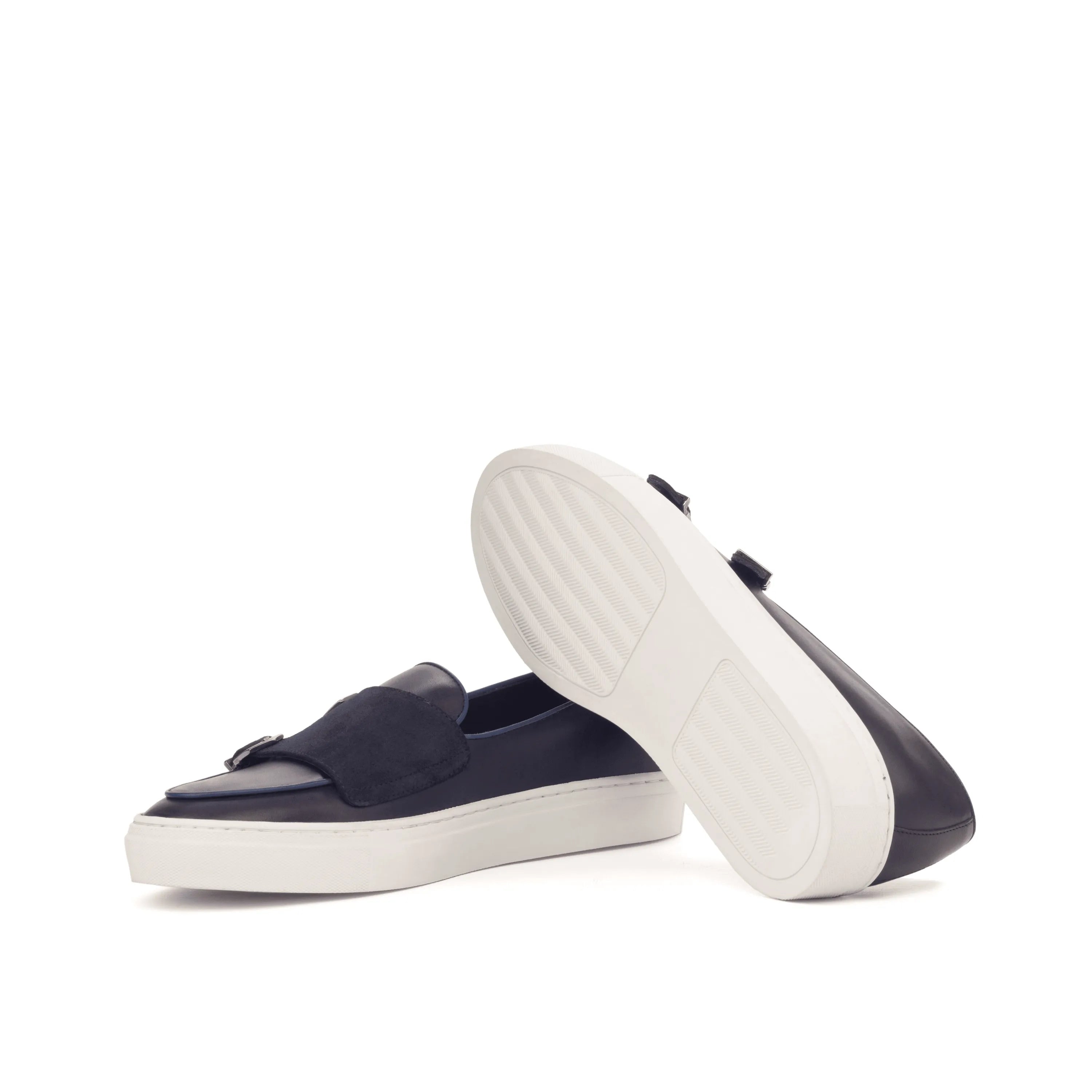 Celsus monk sneaker II navy leather pair with white soles