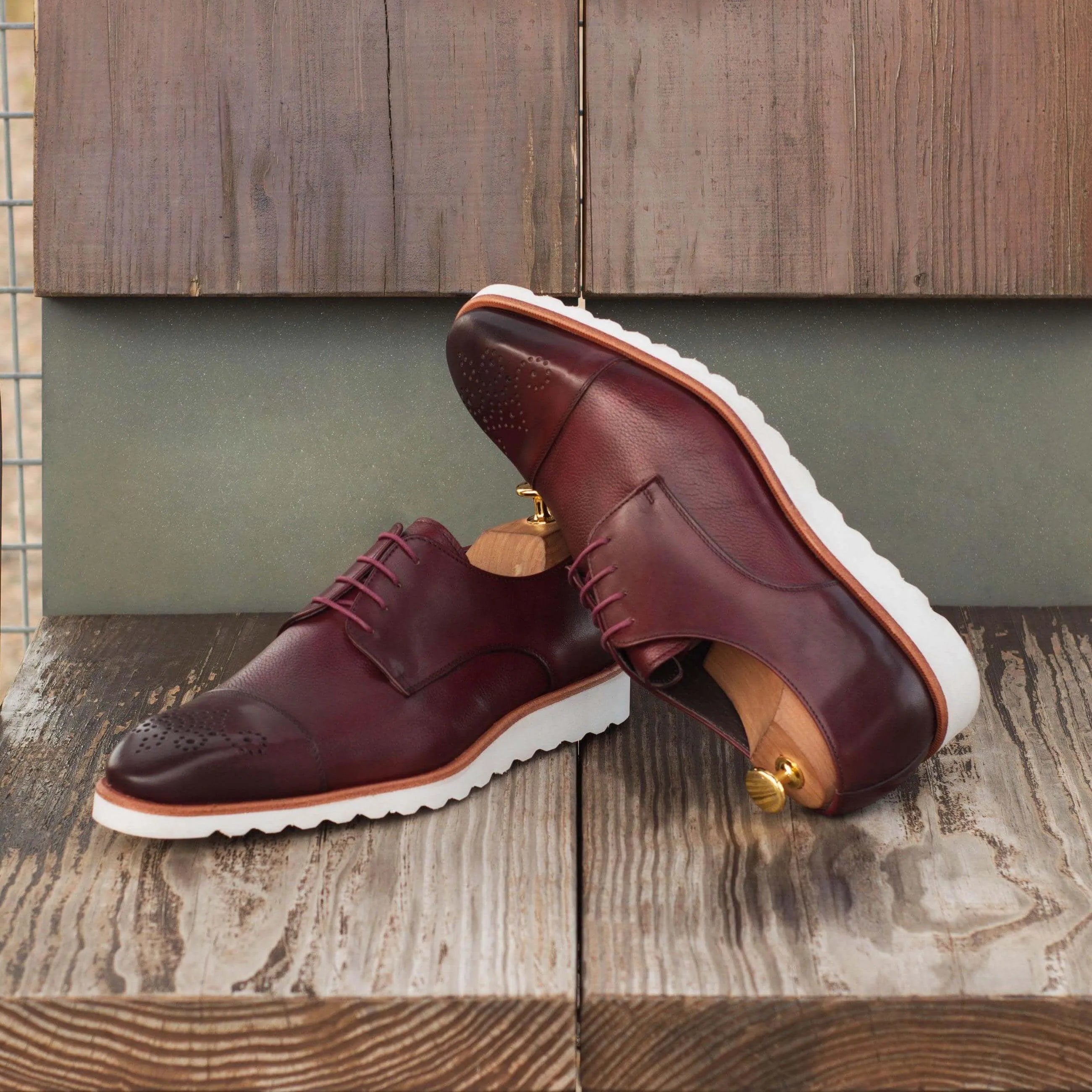 Chaska Derby Shoes II: burgundy leather dress shoes with white soles
