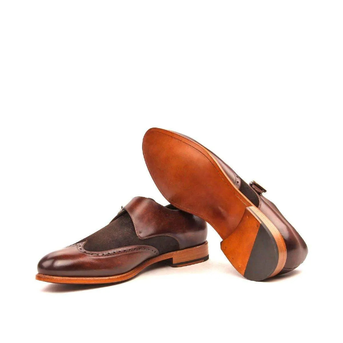 Chaz single monk patina shoes II in brown leather back view
