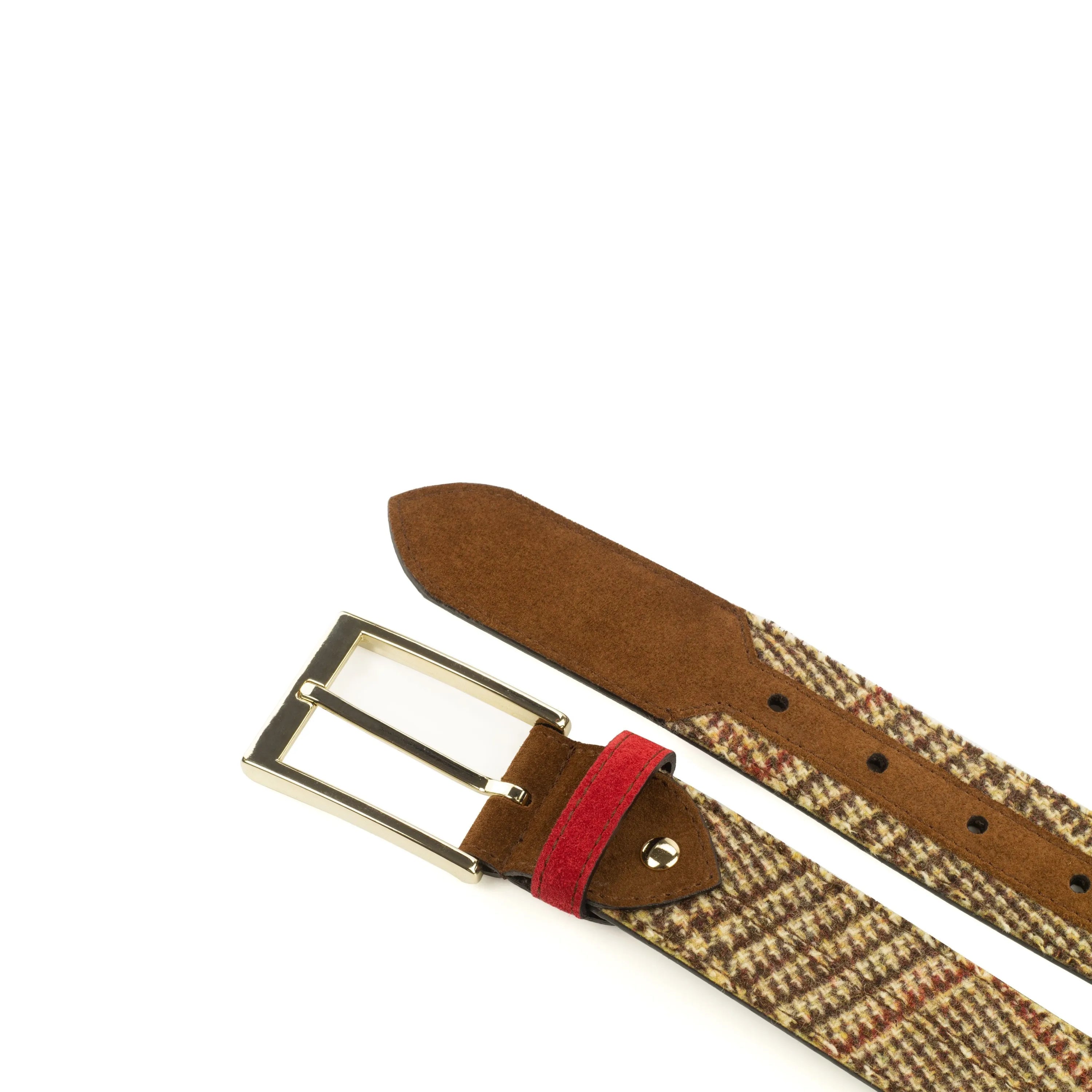 D90 Marseille belt with brown plaid pattern and silver buckle