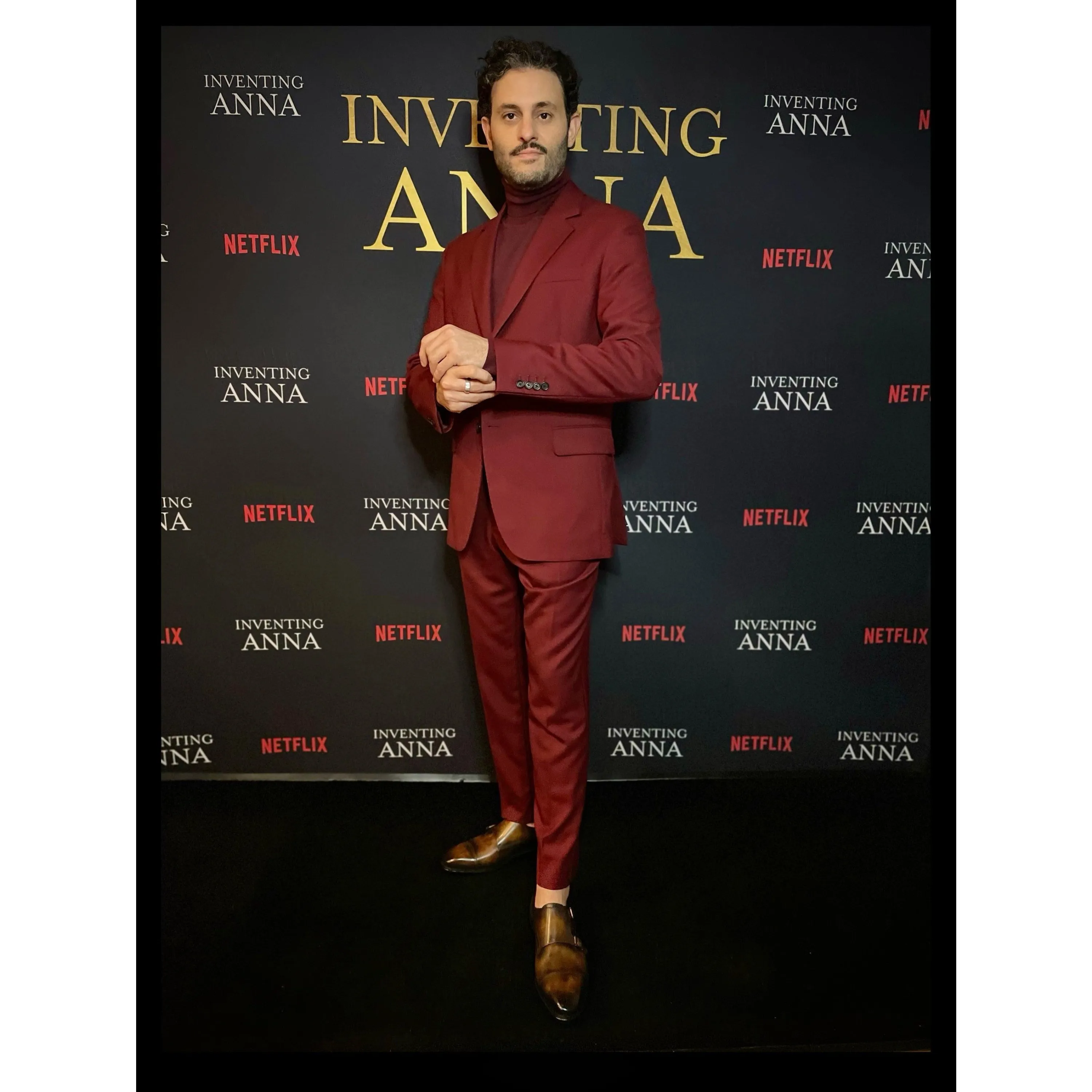 Deen Double Monk Patina Shoes II with burgundy suit and turtleneck
