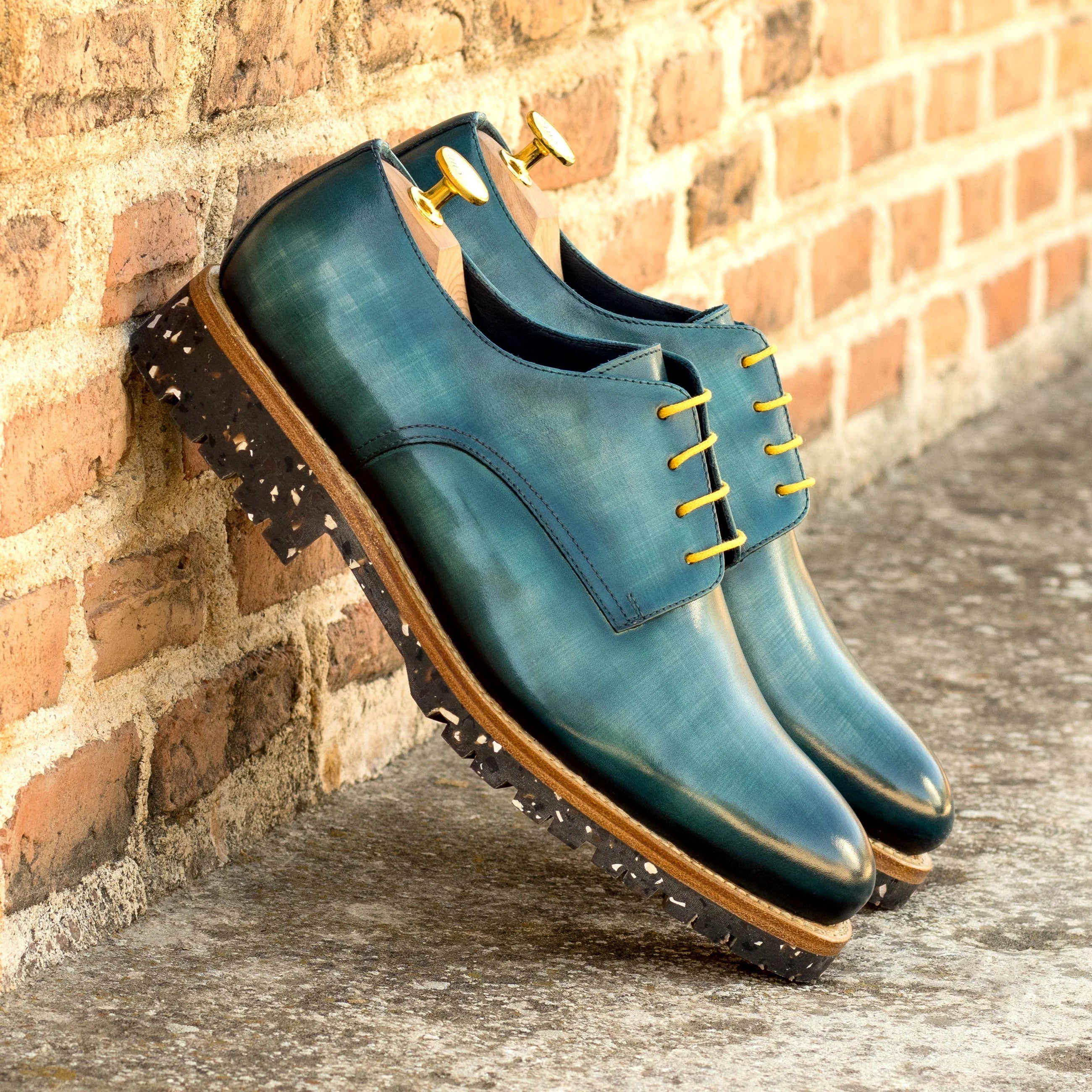 Teal calf leather Bristol patina derby shoes with yellow laces