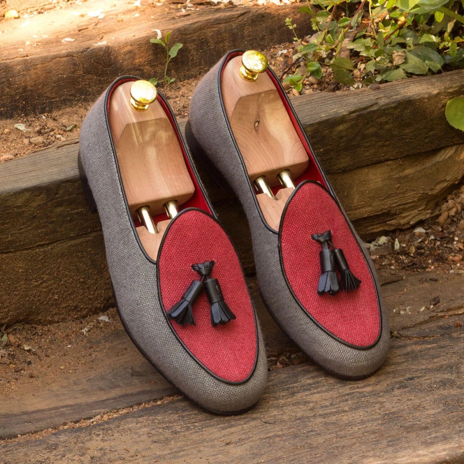 Dirko Belgian Slipper gray and red tassel loafers