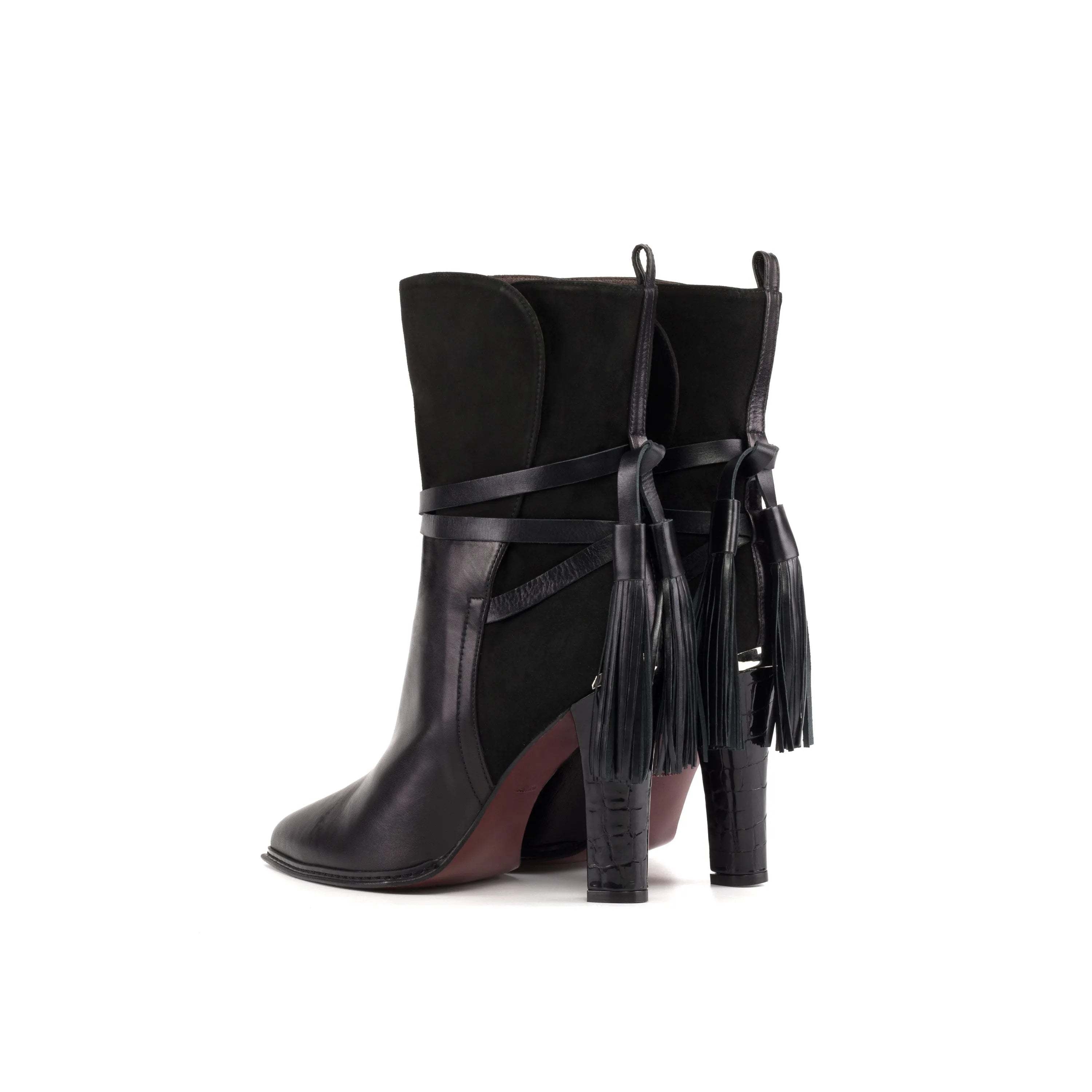 Donna Lyon High Heel Booties II black leather suede tassel ankle boots