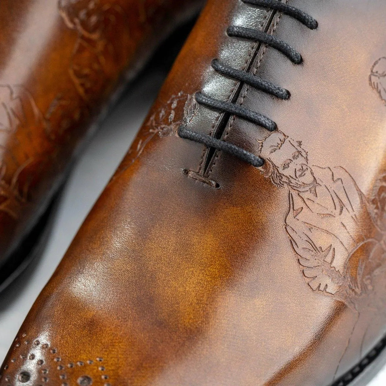 El President Patina wholecut shoe in brown Italian crust leather with black laces