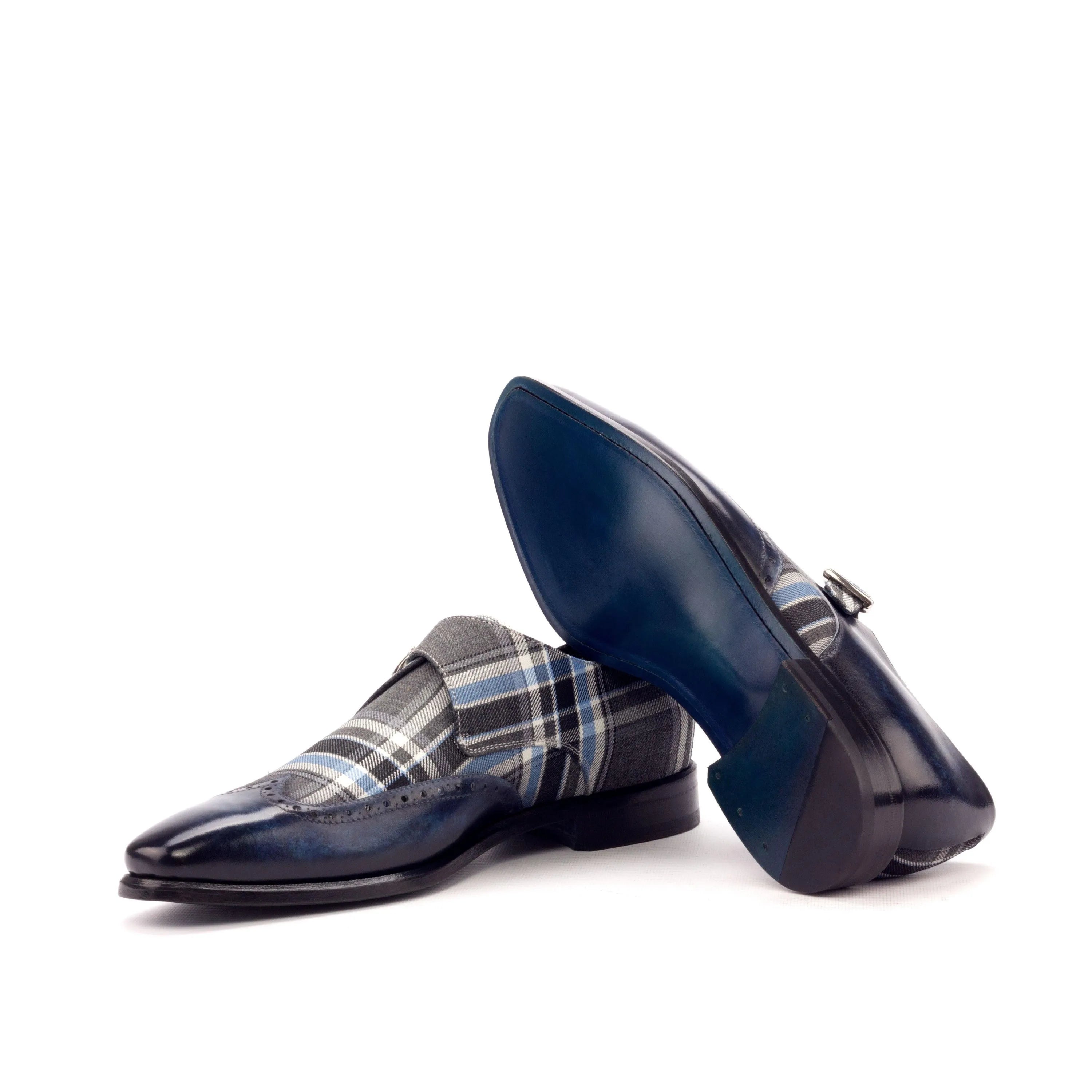 Blue plaid Empire single monk patina shoes, rear view