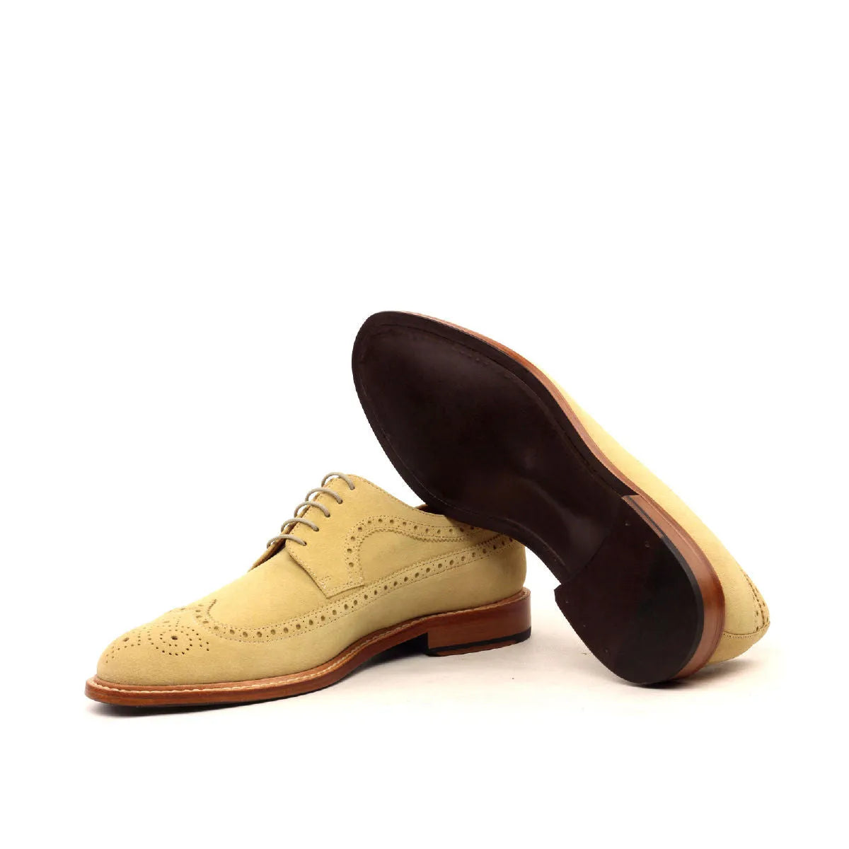 Tan suede Erie Longwing Blucher wingtip shoes