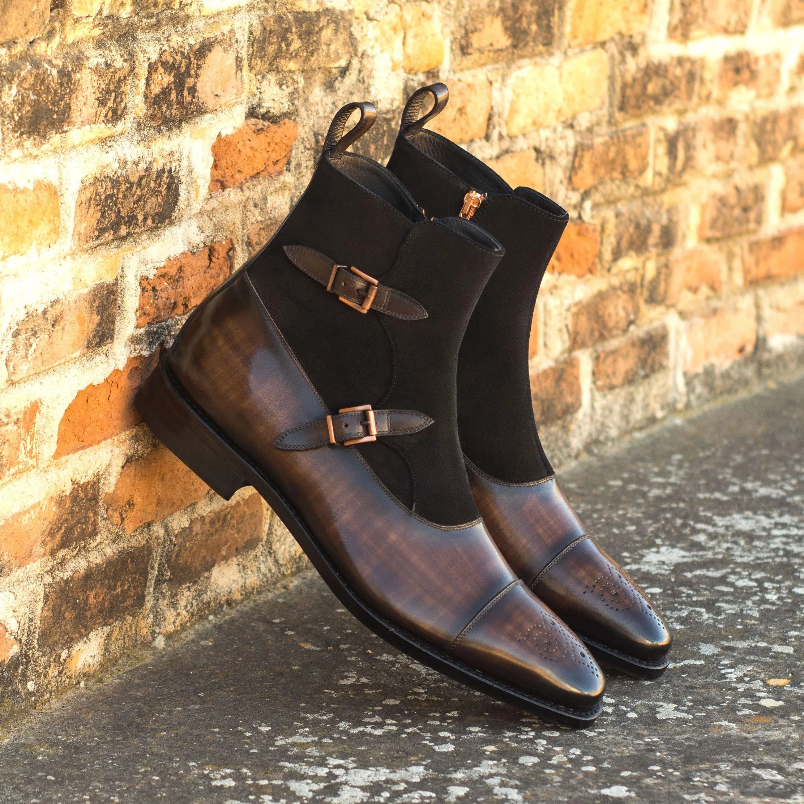 Faro Octavian Patina boots in brown leather and black suede monk strap