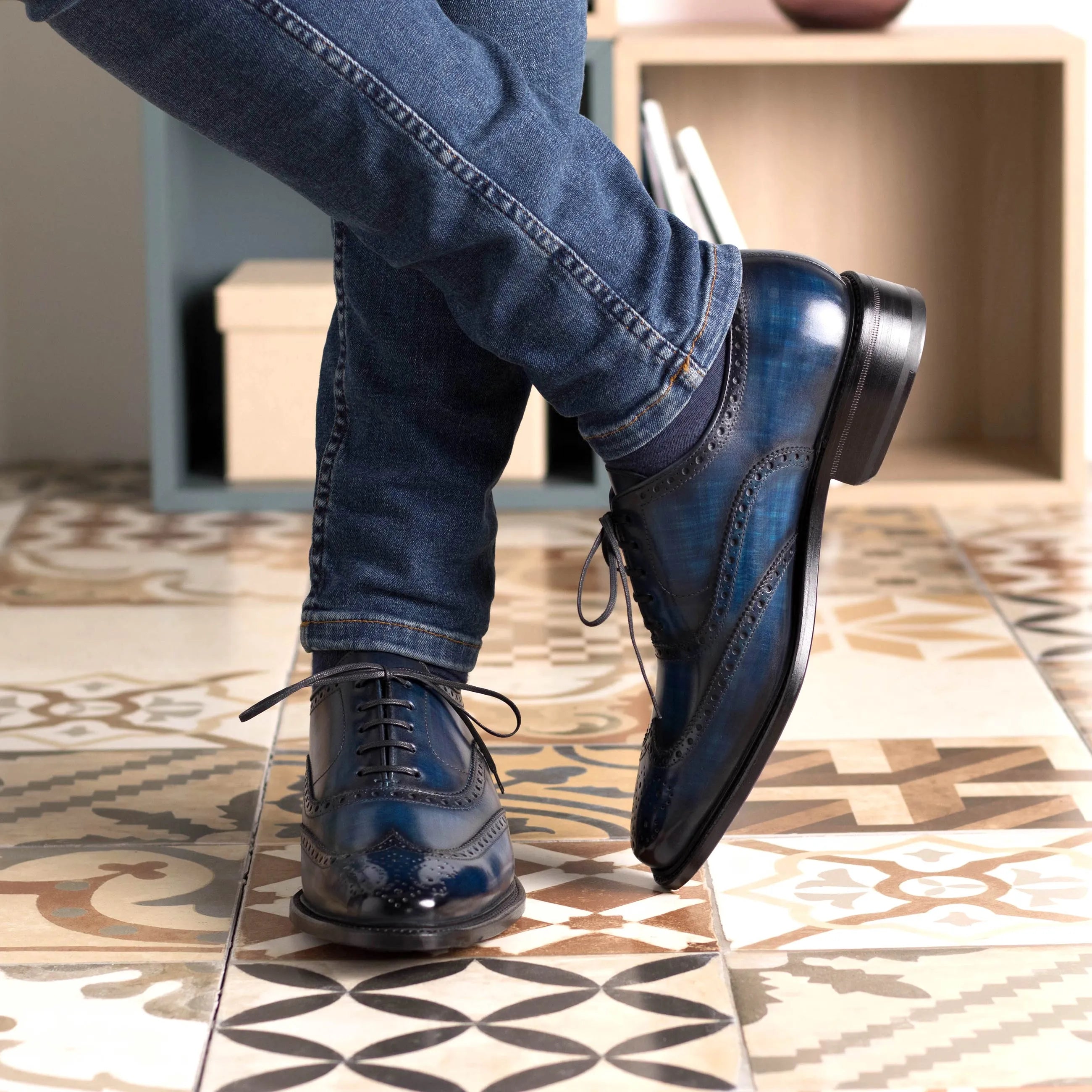 Federico Patina full brogue blue leather dress shoes