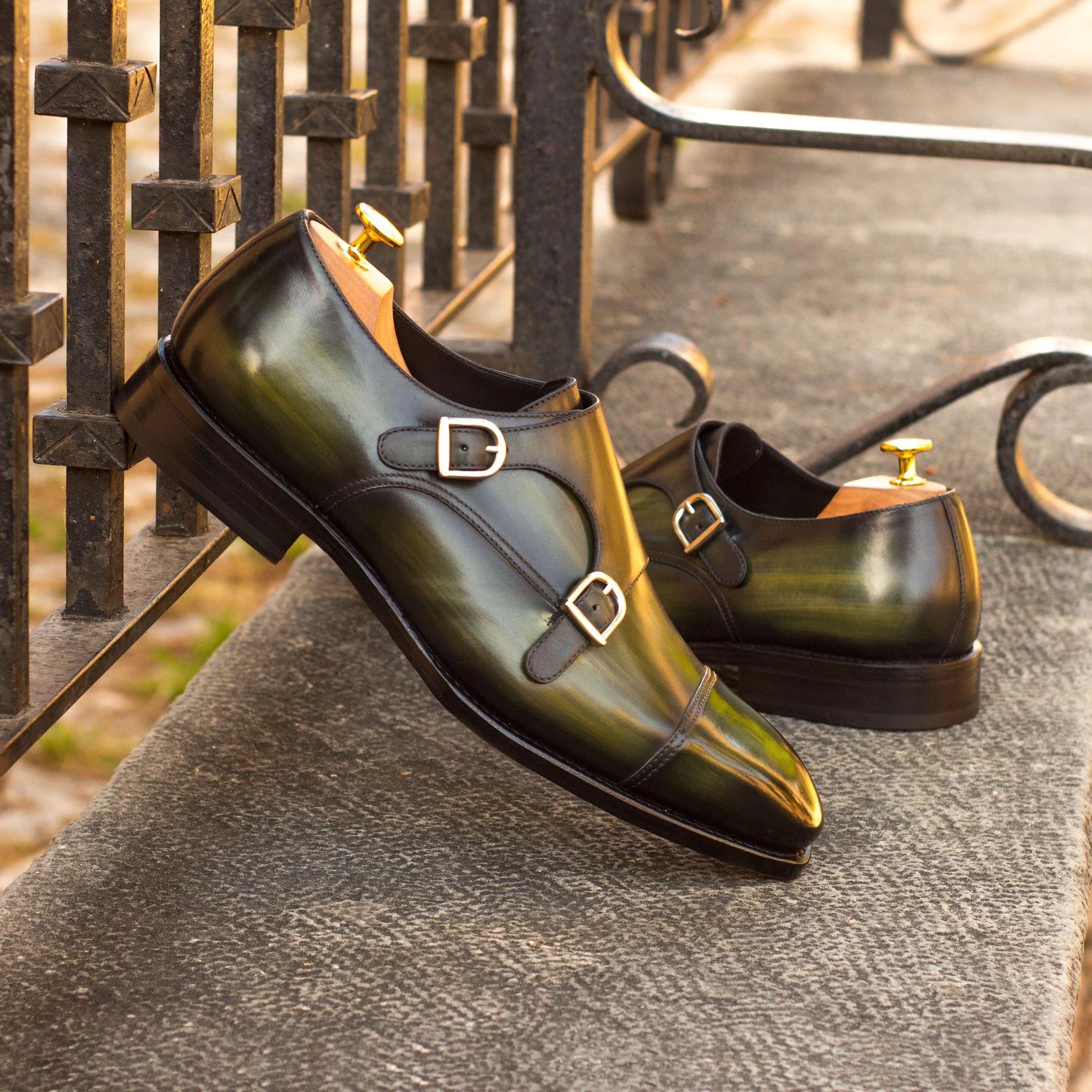 Fernando double monk patina green leather shoes back view