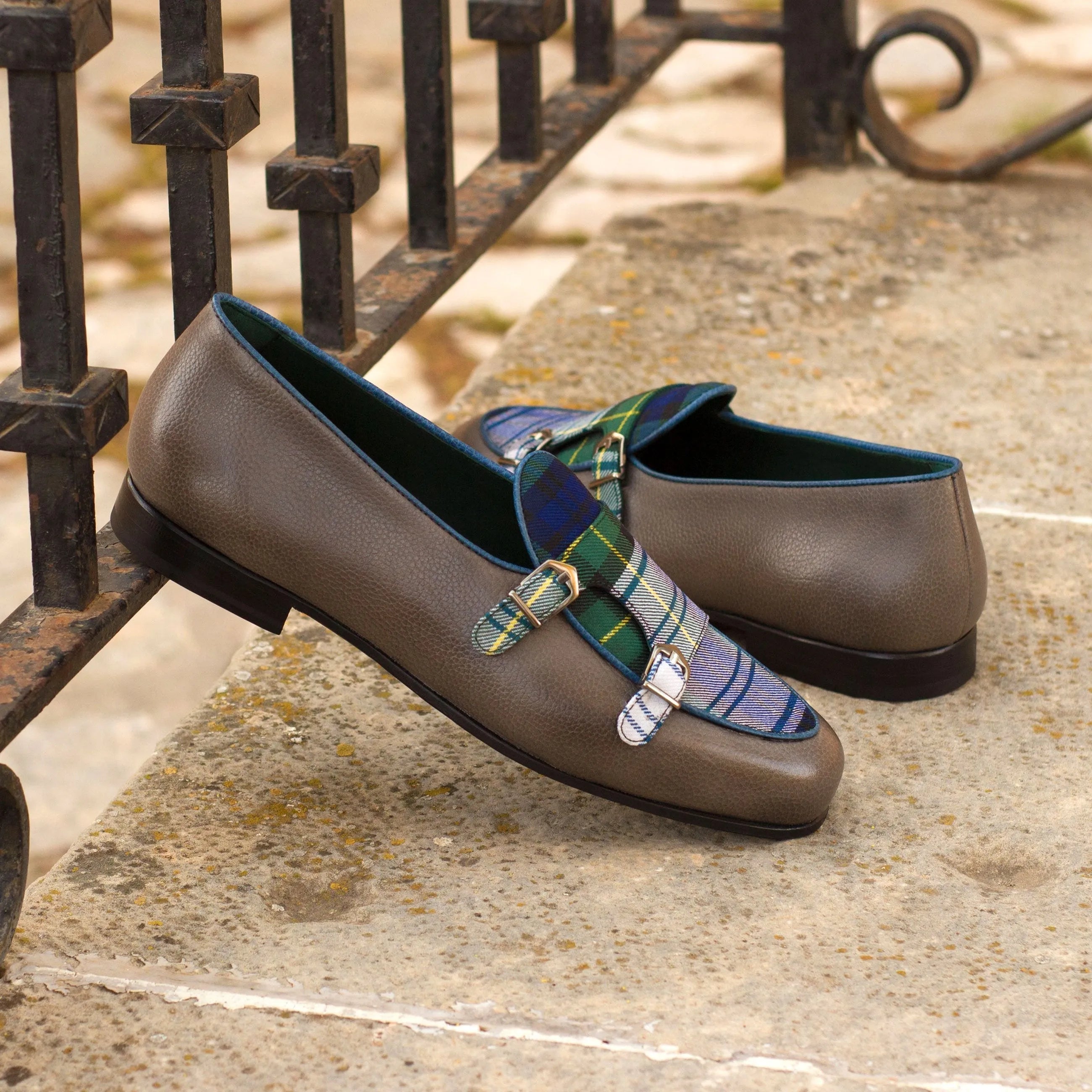 Forest monk slipper leather loafers with plaid accents