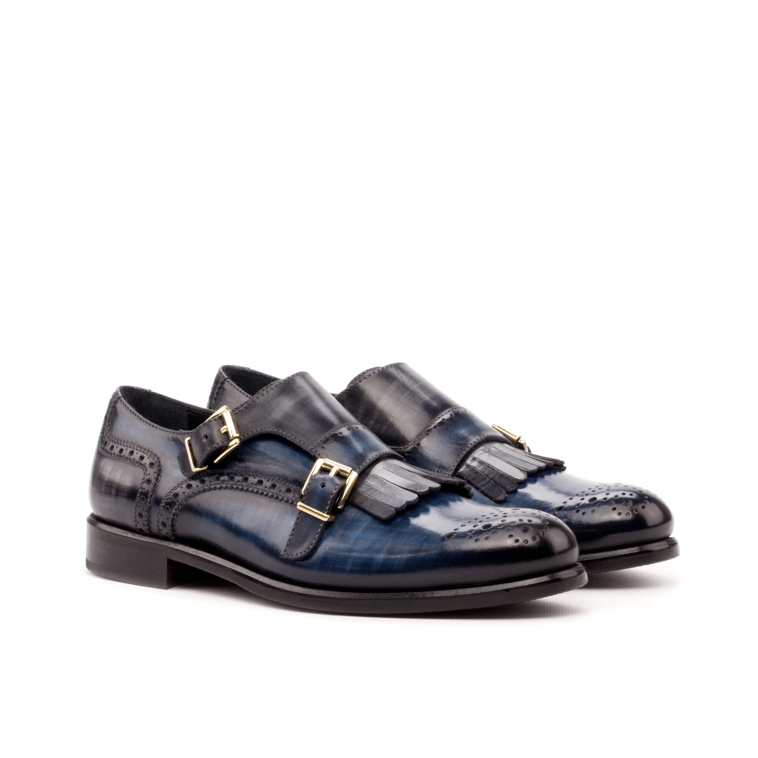 Gawain kiltie womens patina monk blue leather shoes