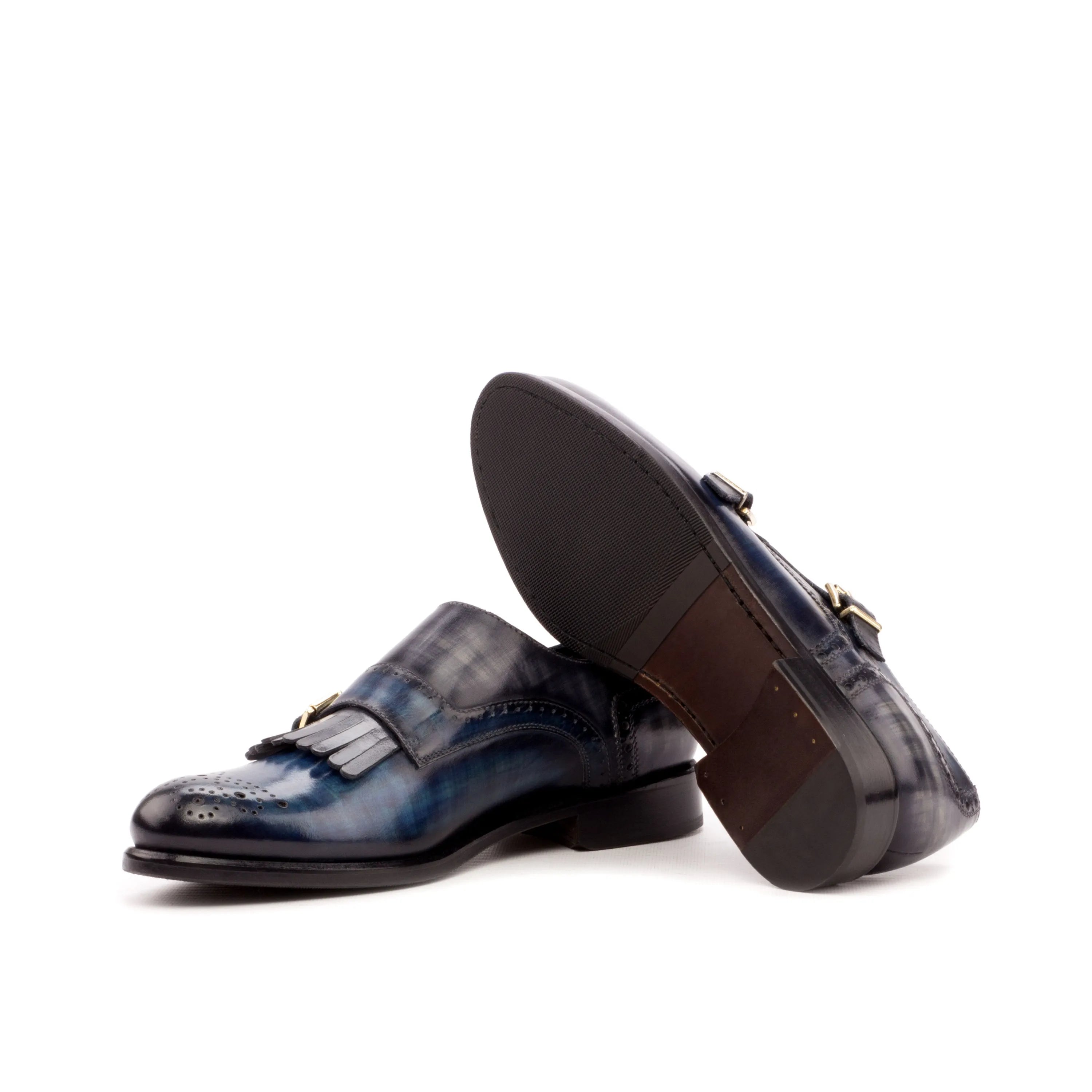 Gawain kiltie womens patina monk blue leather strap loafers
