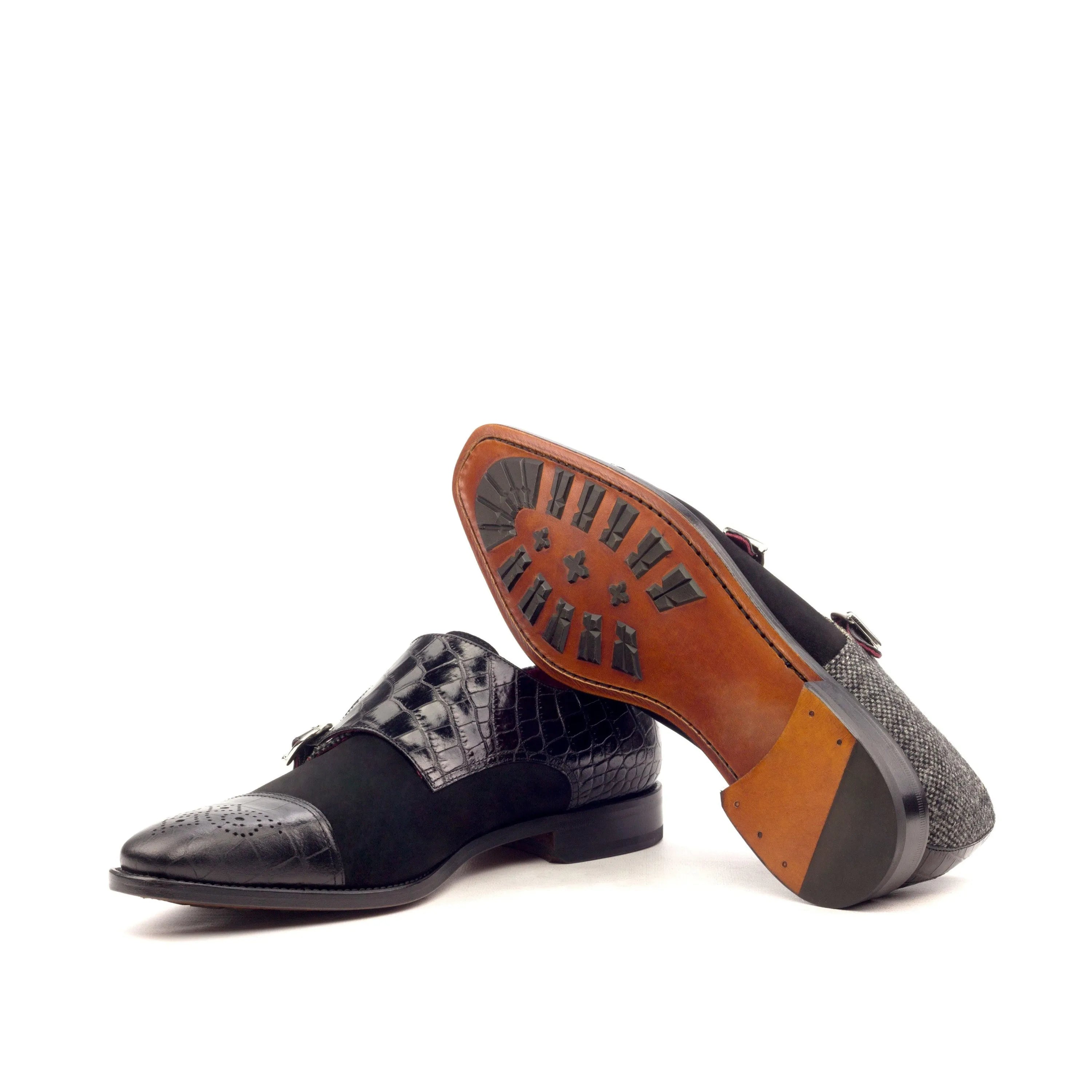 Gent Double Monk black leather fabric double monk shoes