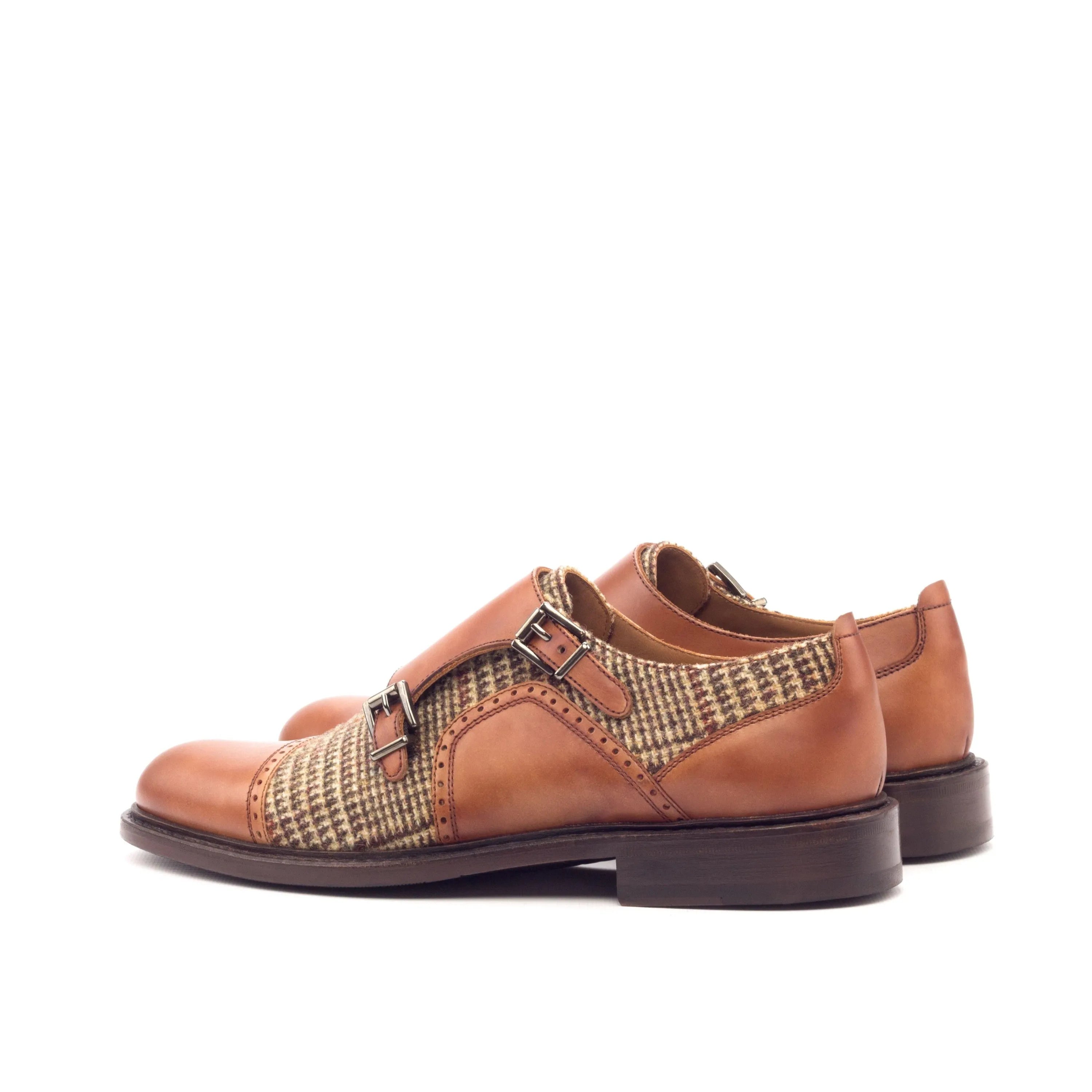 Gina women double monk shoes in brown leather and tweed