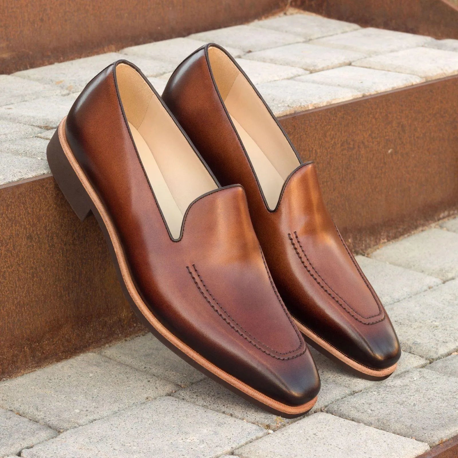 Pair of brown painted calf gold loafers
