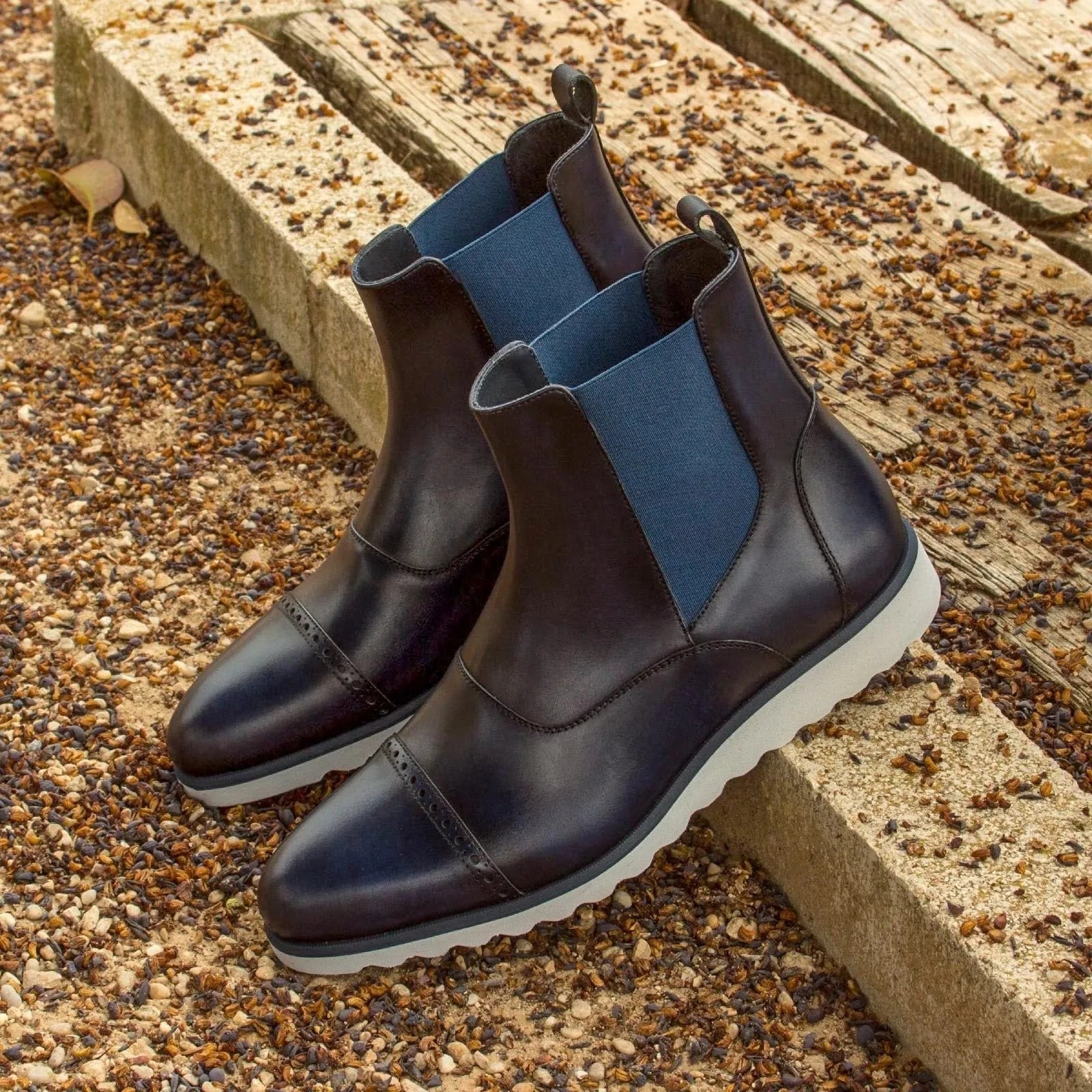 Pair of navy blue leather Hardwin Chelsea boots