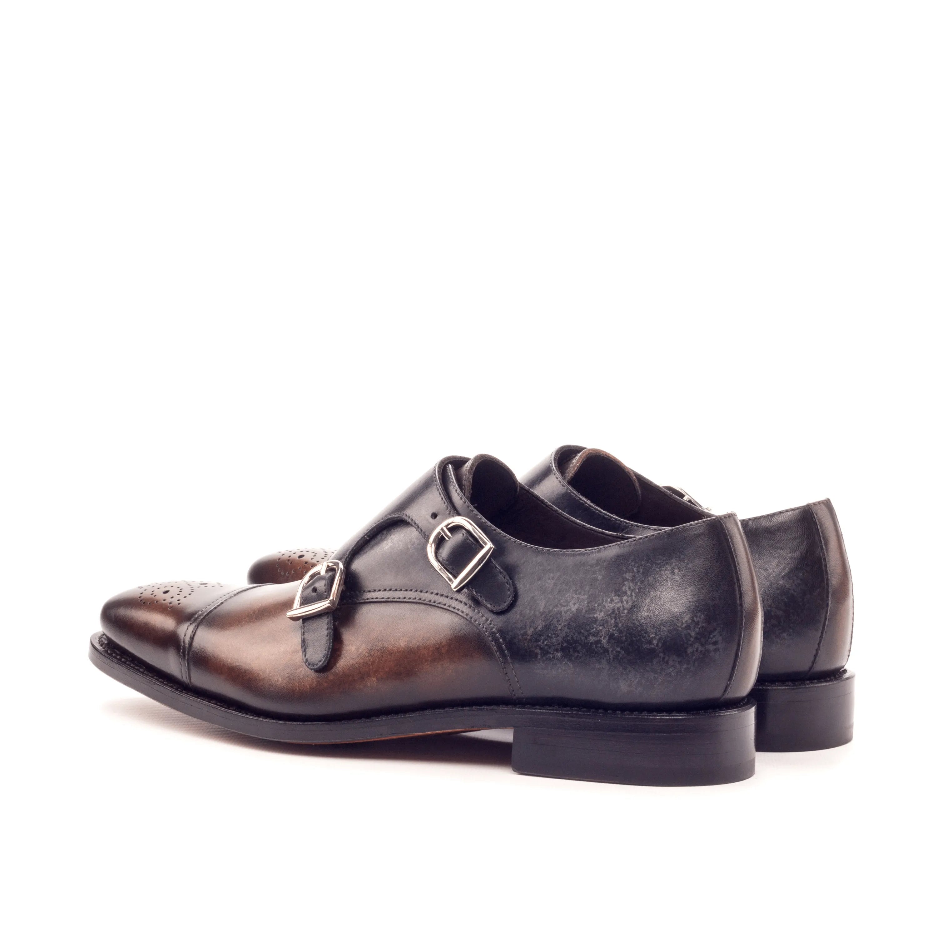 Harvey double monk patina shoes in brown black leather monk straps