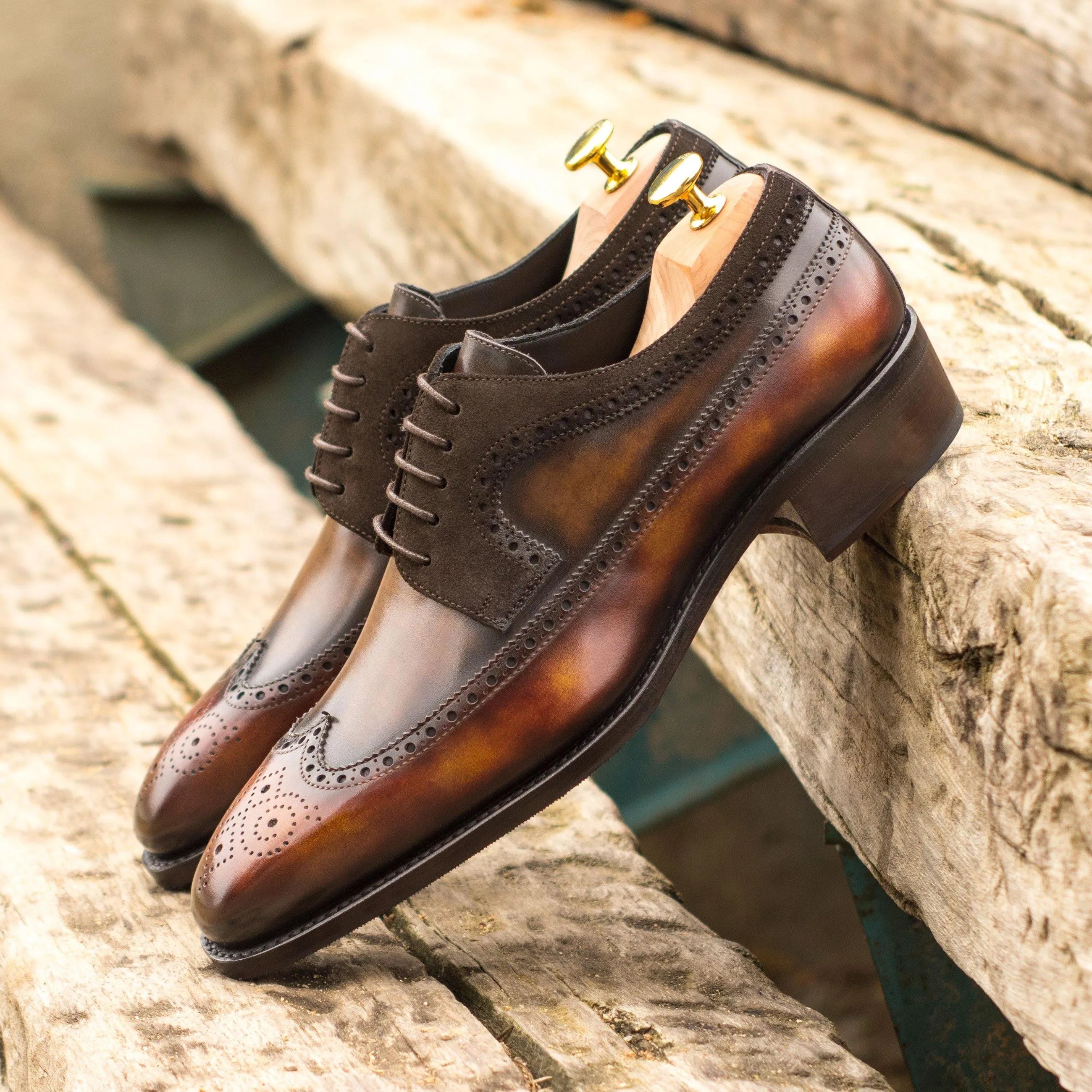 Pair of brown leather Harvey Patina Longwing Blucher shoes